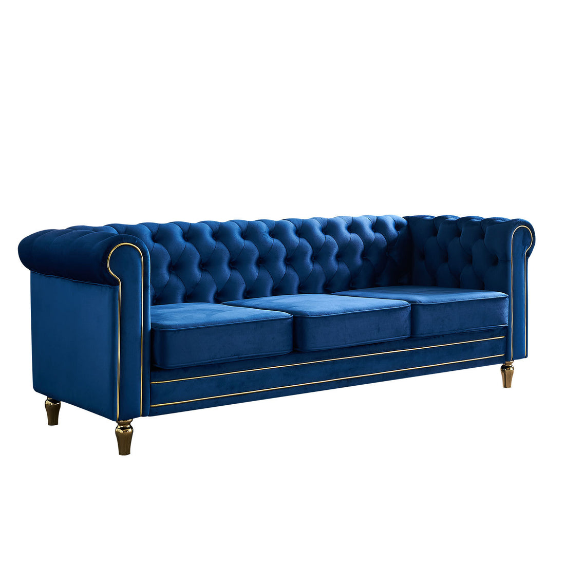 Chesterfield Velvet Sofa 84.65 Inch For Living Room Blue Color Blue Velvet Wood Primary Living Space Tufted Back Modern Rolled Arms Foam Velvet 3 Seat