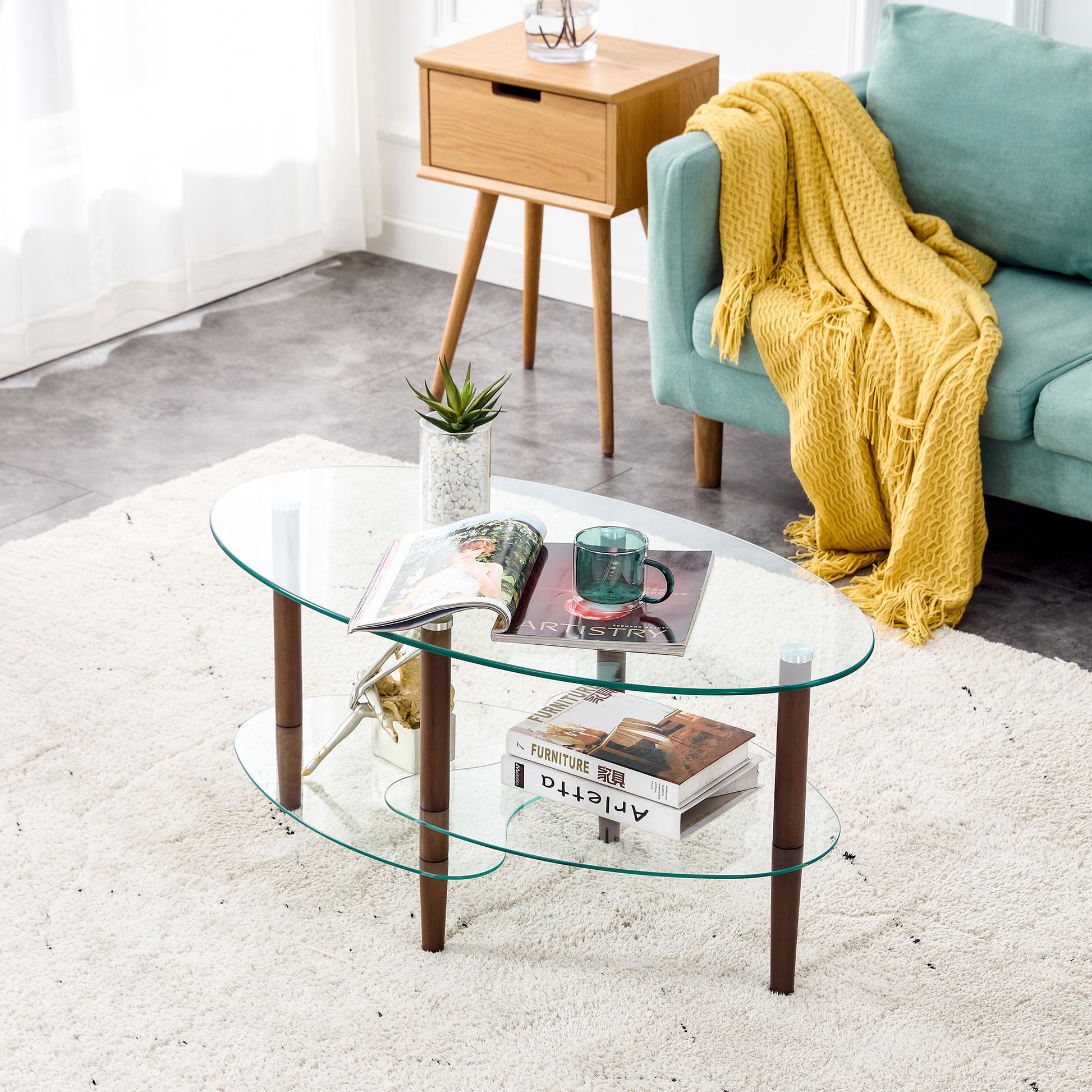 Transparent Oval Glass Coffee Table, Modern Table In Living Room Oak Wood Leg Tea Table 3 Layer Glass Table Brown Glass