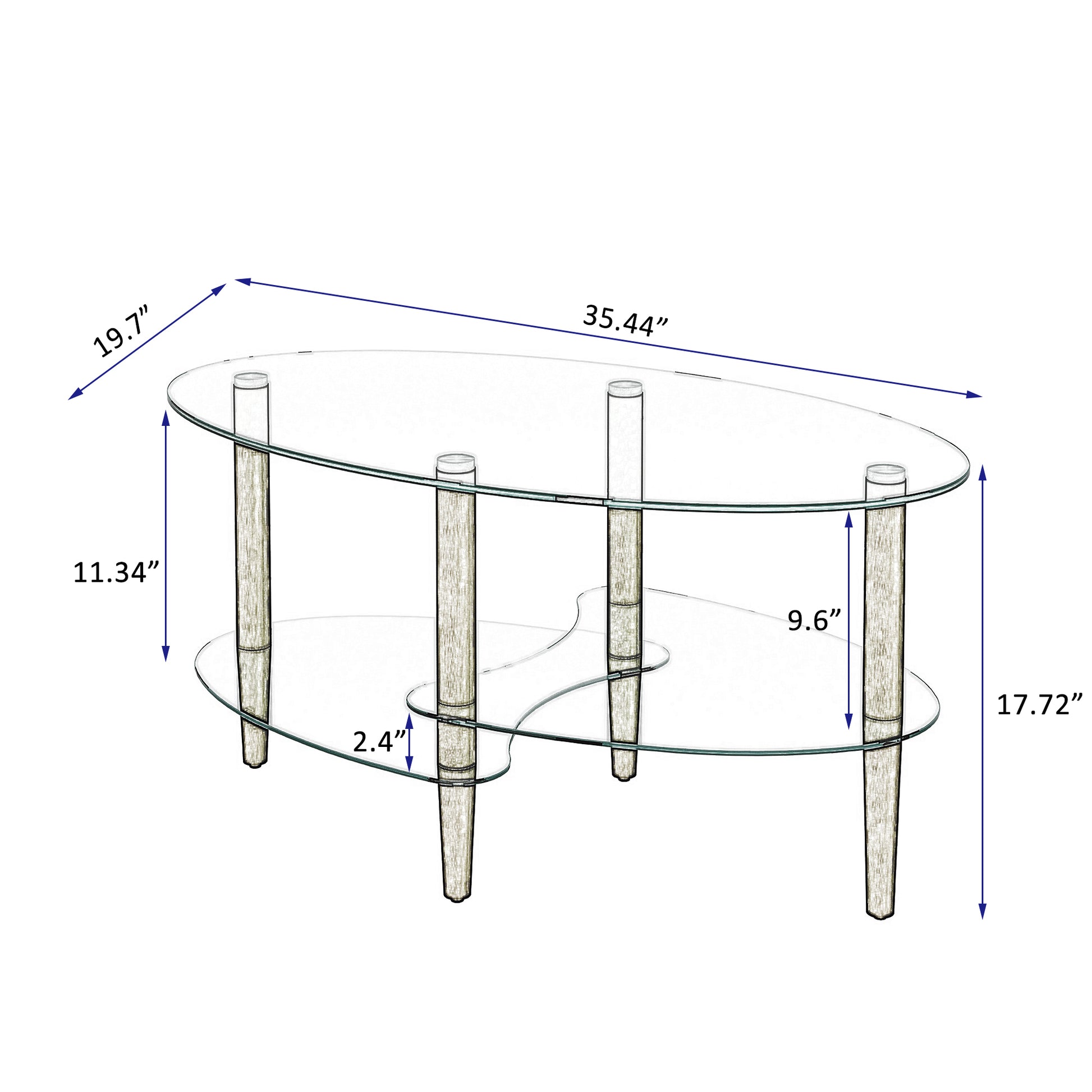 Transparent Oval Glass Coffee Table, Modern Table In Living Room Oak Wood Leg Tea Table 3 Layer Glass Table Brown Glass