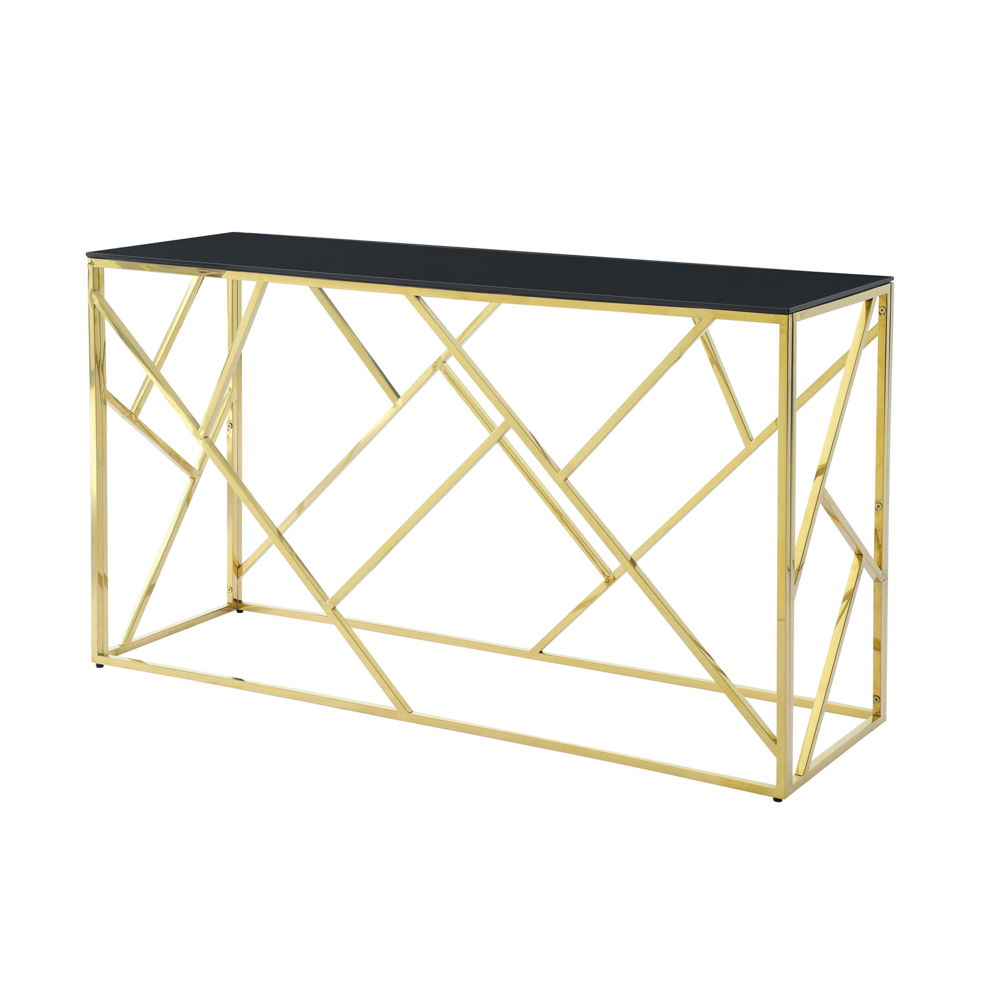 Modern Glass Console Table, 55" Gold Sofa Table With Sturdy Metal Frame And Black Tempered Glass Top, For Living Room Entryway Bedroom, Gold Finish Polished Golden Stainless Steel