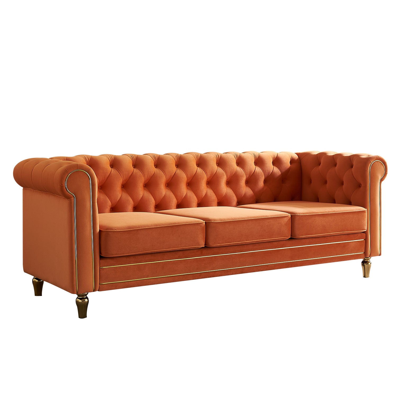 Chesterfield Velvet Sofa 84.65 Inch For Living Room Orange Color Orange Velvet Wood Primary Living Space Tufted Back Modern Rolled Arms Foam Velvet 3 Seat