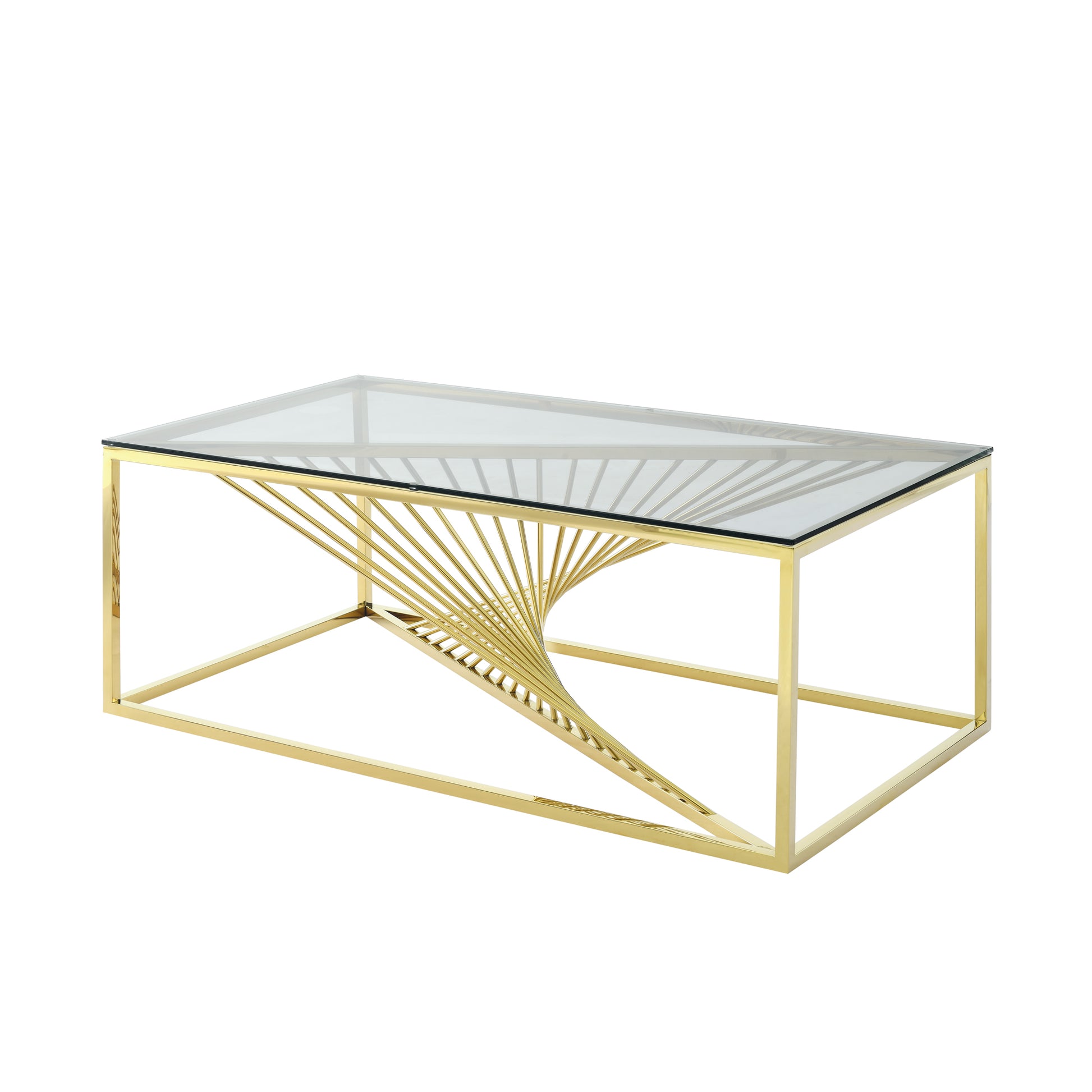 Modern Rectangular Coffee Accent Table With Clear Tempered Glass Top And Stainless Steel Frame For Living Room Bedroom Gold Polished Golden Stainless Steel