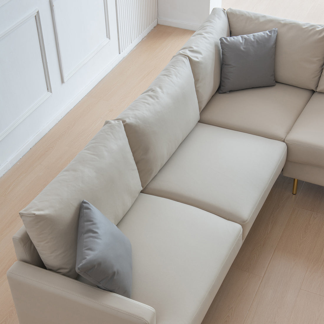 L Shaped Corner Sectional Technical Leather Sofa With Pillows,Beige 89.8*89.8'' Beige Fabric Foam 4 Seat