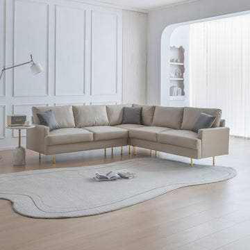 L Shaped Corner Sectional Technical Leather Sofa With Pillows,Beige 89.8*89.8'' Beige Fabric Foam 4 Seat