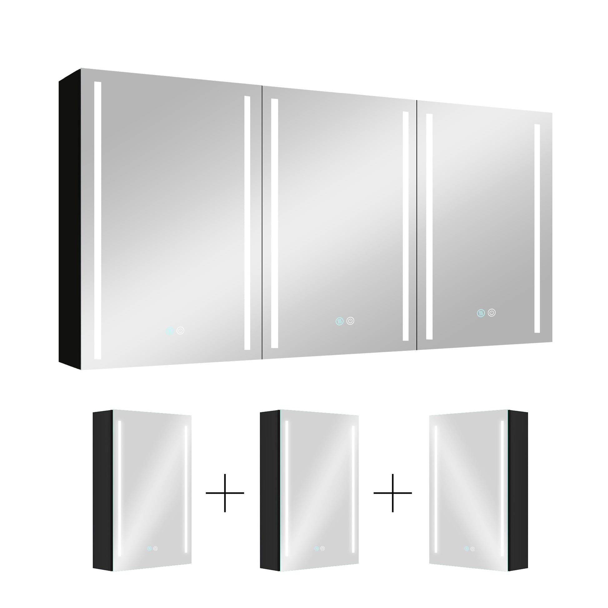 60X30 Inch Led Bathroom Medicine Cabinet Surface Mount Double Door Lighted Medicine Cabinet, Medicine Cabinets For Bathroom With Mirror Defogging, Dimmer Black Black Modern Aluminium