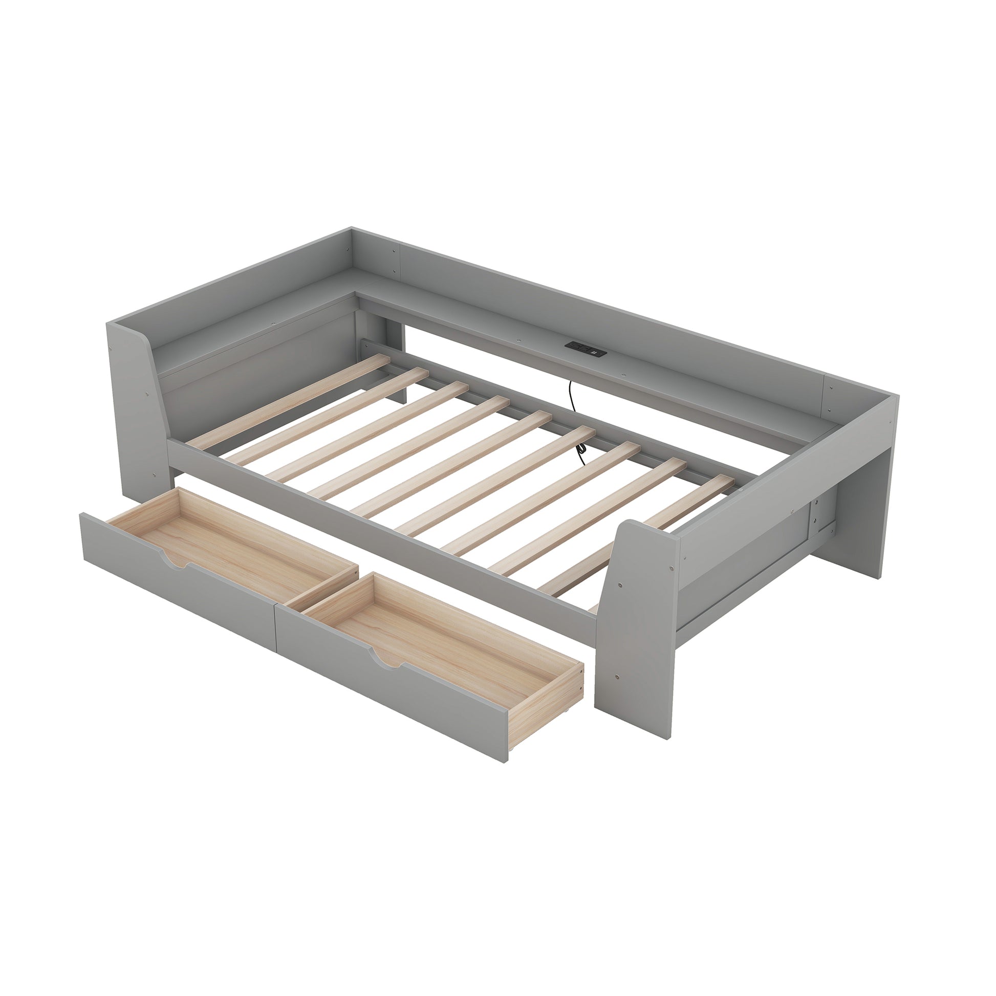 Twin Size Daybed With Shelves, Drawers And Built In Charging Station, Gray Gray Pine