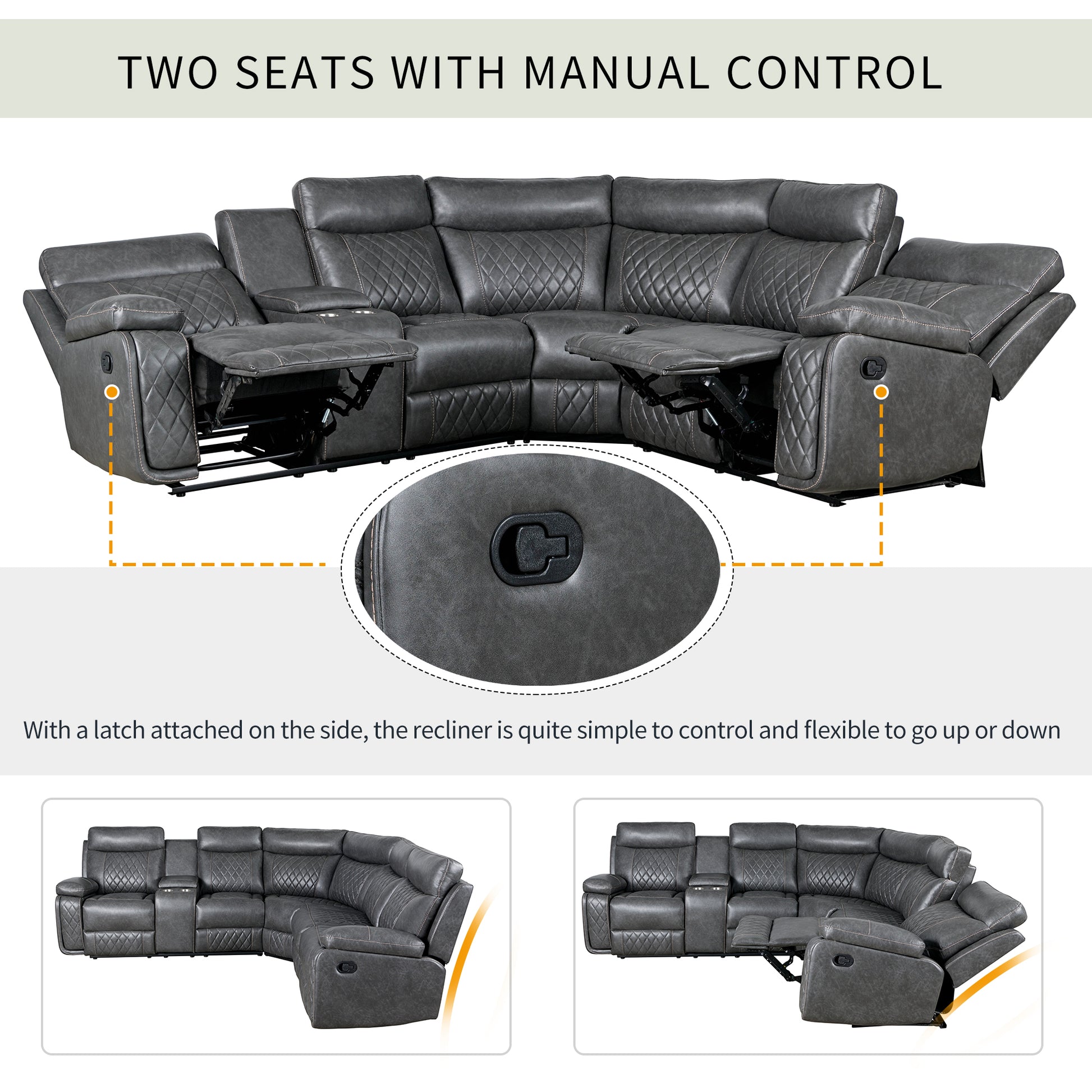 Home Theater Seating Manual Recliner With Cup Holder, Hide Away Storage Pu Reclining Sofa For Living Room, Home Theater, Gray Gray Foam Pu 5 Seat