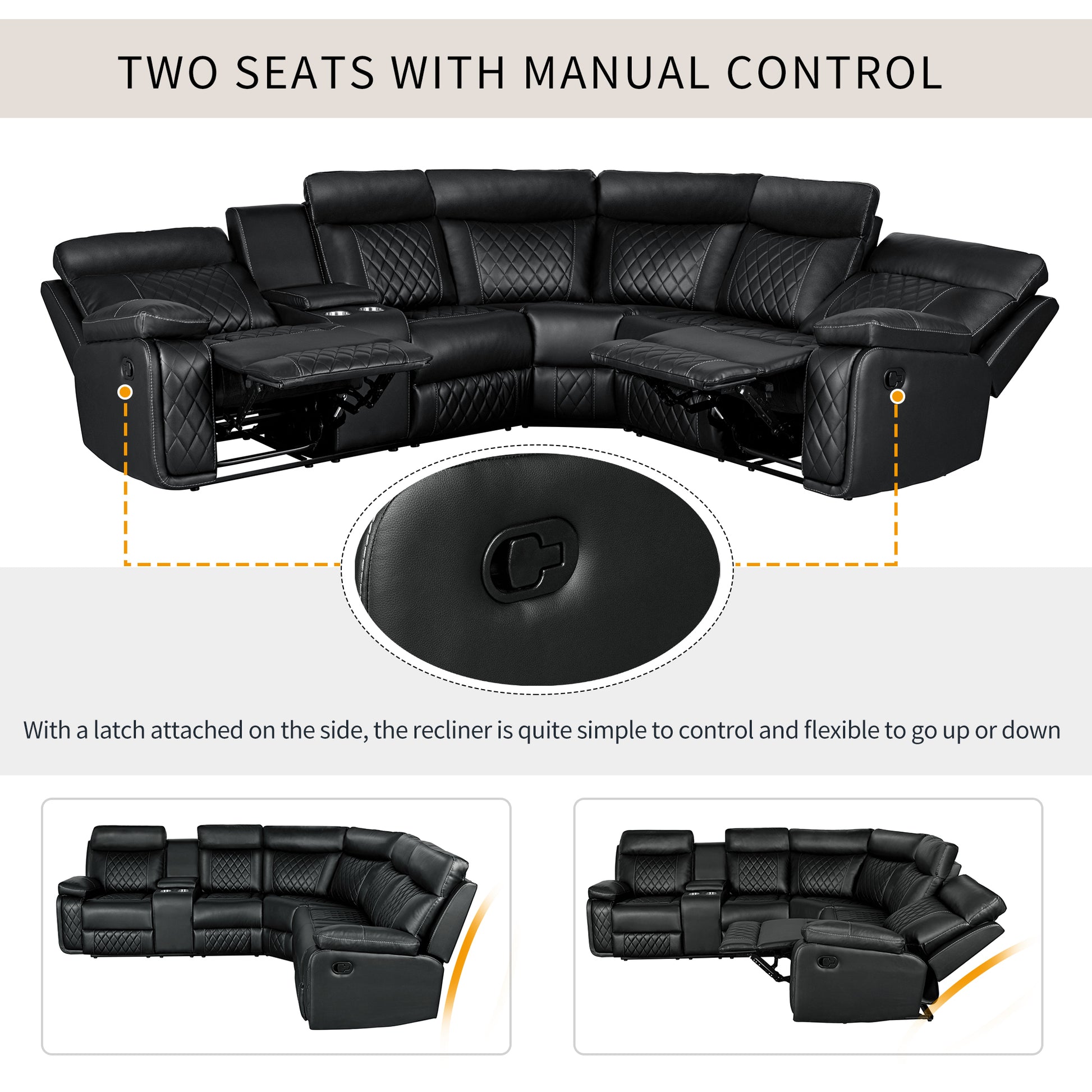 Home Theater Seating Manual Recliner With Cup Holder, Hide Away Storage Pu Reclining Sofa For Living Room, Home Theater, Black Black Foam Pu 5 Seat