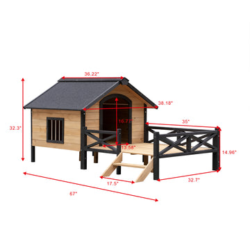 Outdoor Large Wooden Cabin House Style Wooden Dog Kennel With Porch Yellow Brown Foam Metal & Wood