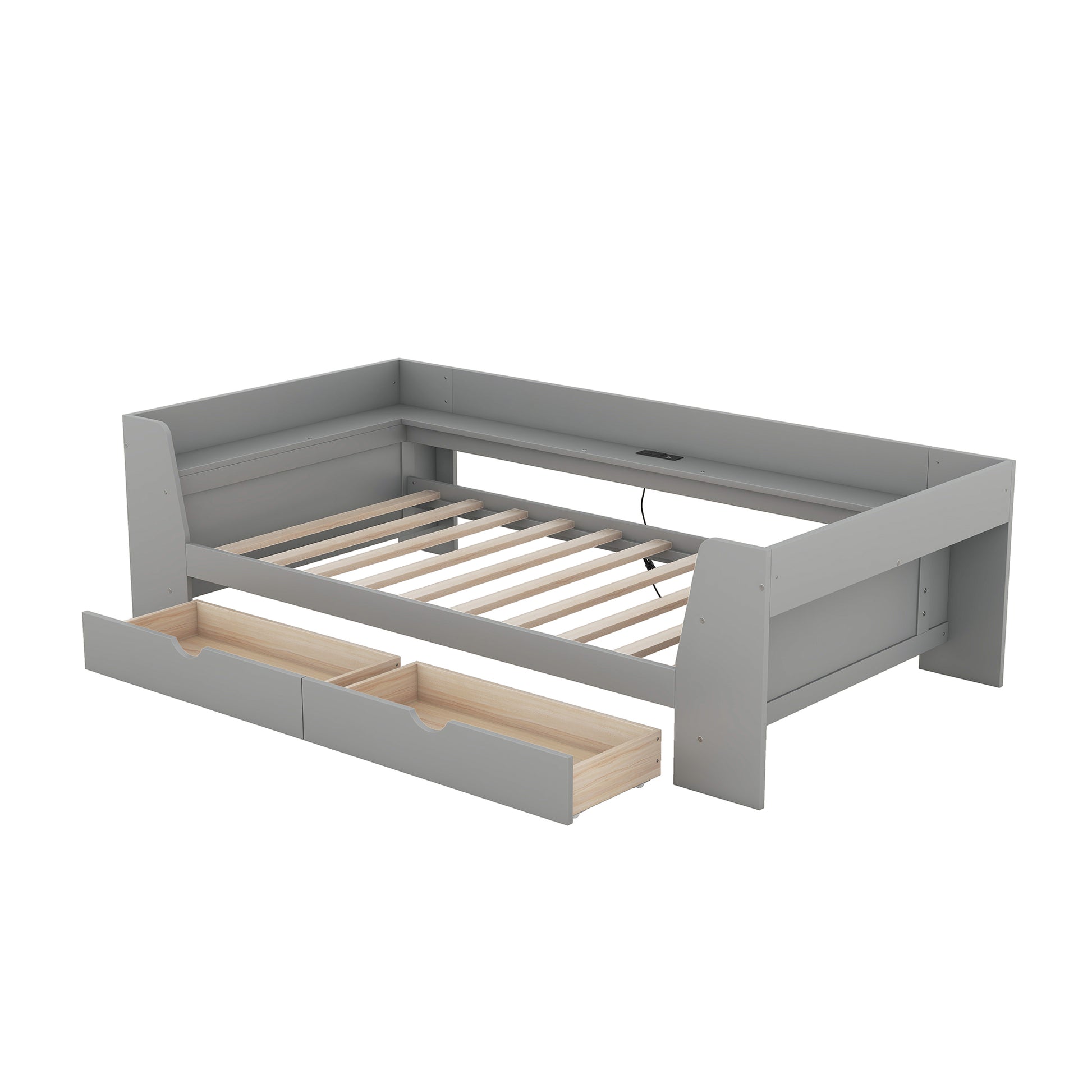 Twin Size Daybed With Shelves, Drawers And Built In Charging Station, Gray Gray Pine