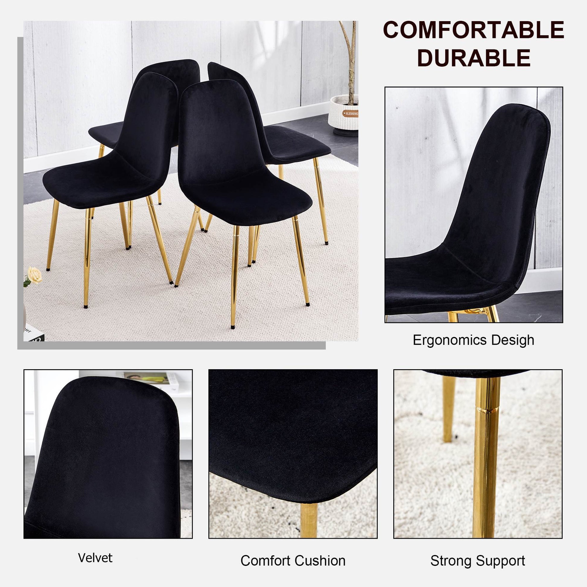 Dining Chairs Set Of 4, Modern Mid Century Style Dining Kitchen Room Upholstered Side Chairs,Accent Chairs Spoon Shaped With Soft Velvet Fabric Cover Cushion Seat And Golden Metal Legs.B0501A Black Foam Velvet