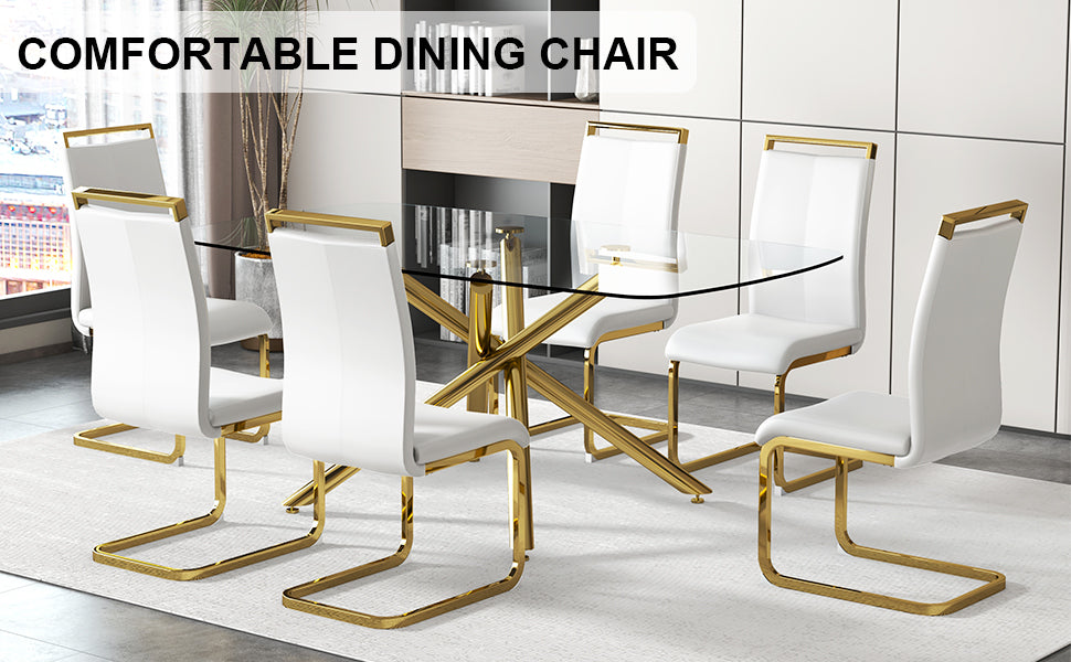 Large Modern Minimalist Rectangular Glass Dining Table golden-metal