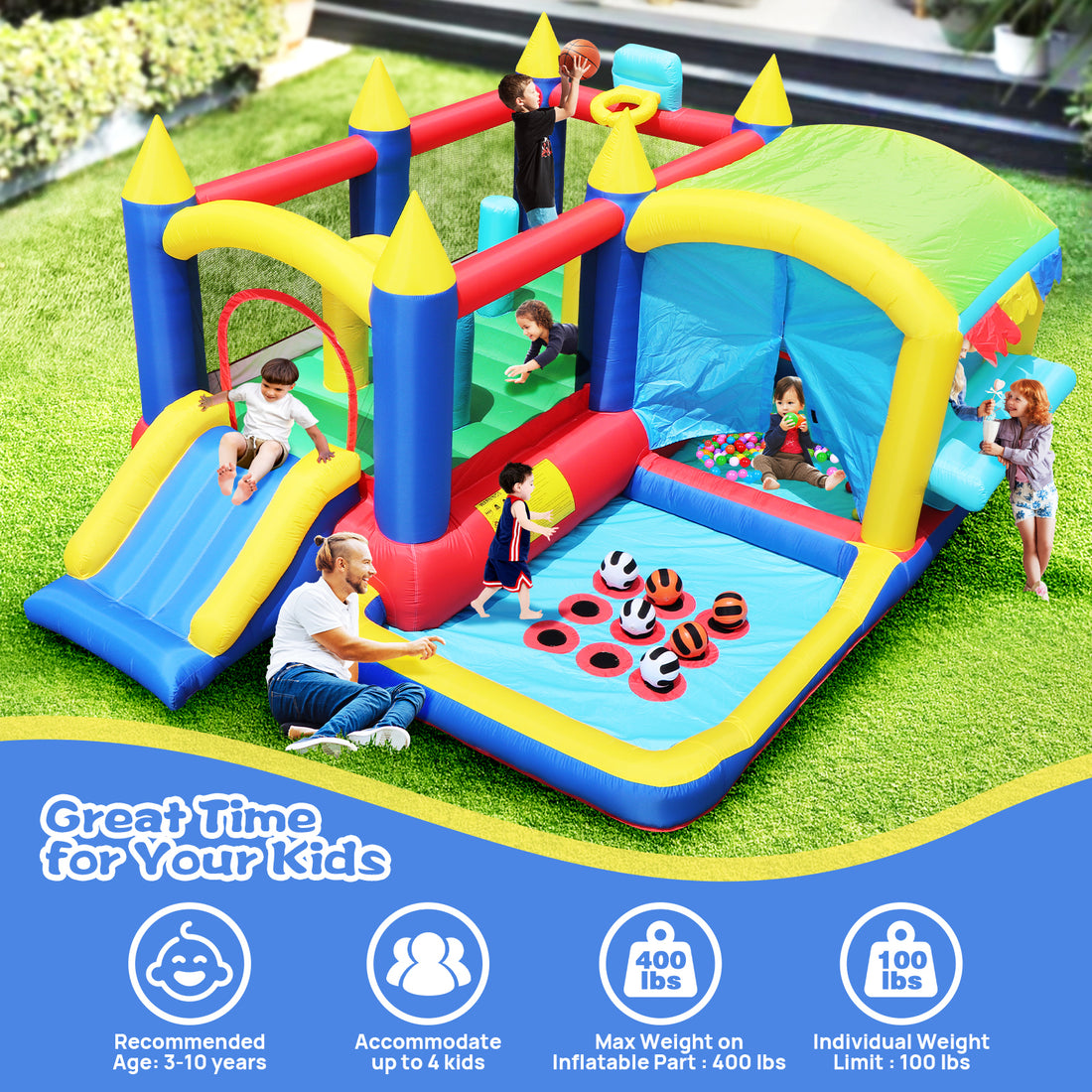 7 In 1 Inflatable Bounce House, Bouncy House With Ball Pit For Kids Indoor Outdoor Party Family Fun, Obstacles, Toddler Jump Bouncy Castle With Ball Pit For Birthday Party Gifts Multicolor Oxford Fabric