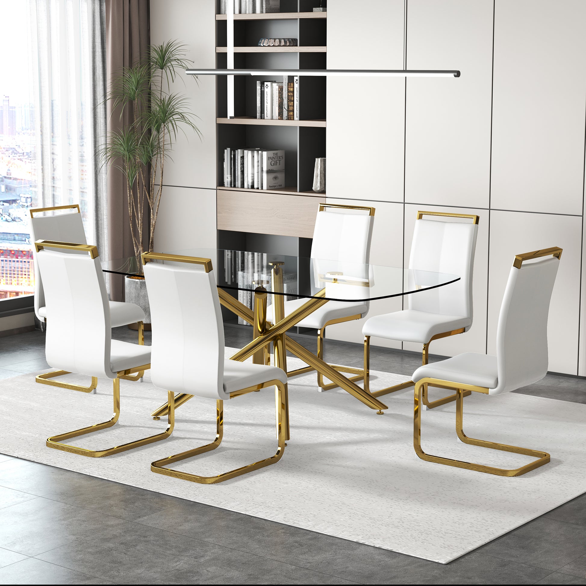 Large Modern Minimalist Rectangular Glass Dining Table For 6 8 With 0.39" Tempered Glass Tabletop And Golden Plated Metal Legs,For Kitchen Dining Living Meeting Room Banquet Hall 71'' X 39'' X30''1537 Golden Metal
