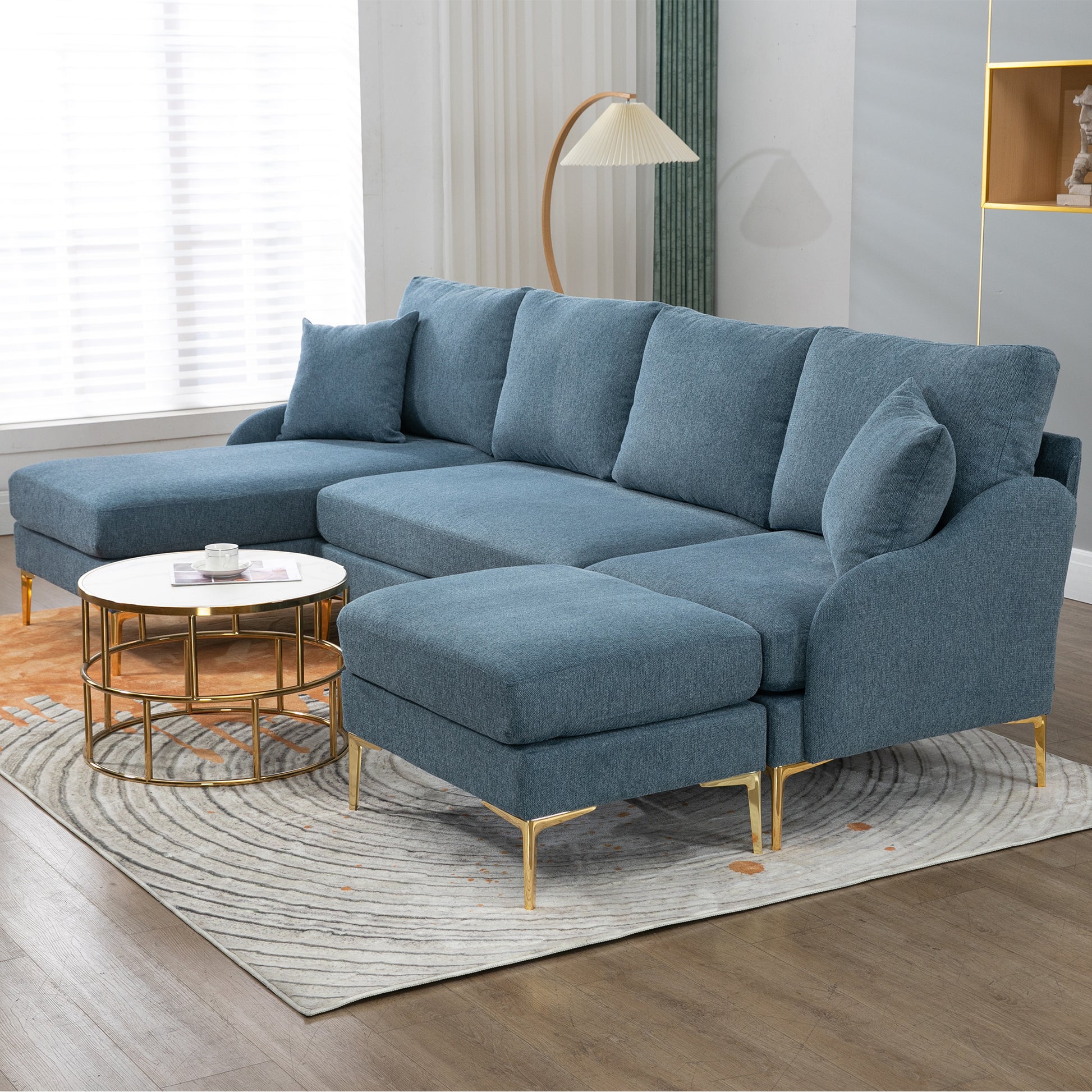 110'' Wide Reversible Left Or Right Chaise Of Sectional Sofa U Shape Convertible Sofa Couch 4 Seat Couch With Chaise Lounge Upholstered For Living Room, Apartment, Office, Blue Polyester Blend Blue Foam Polyester