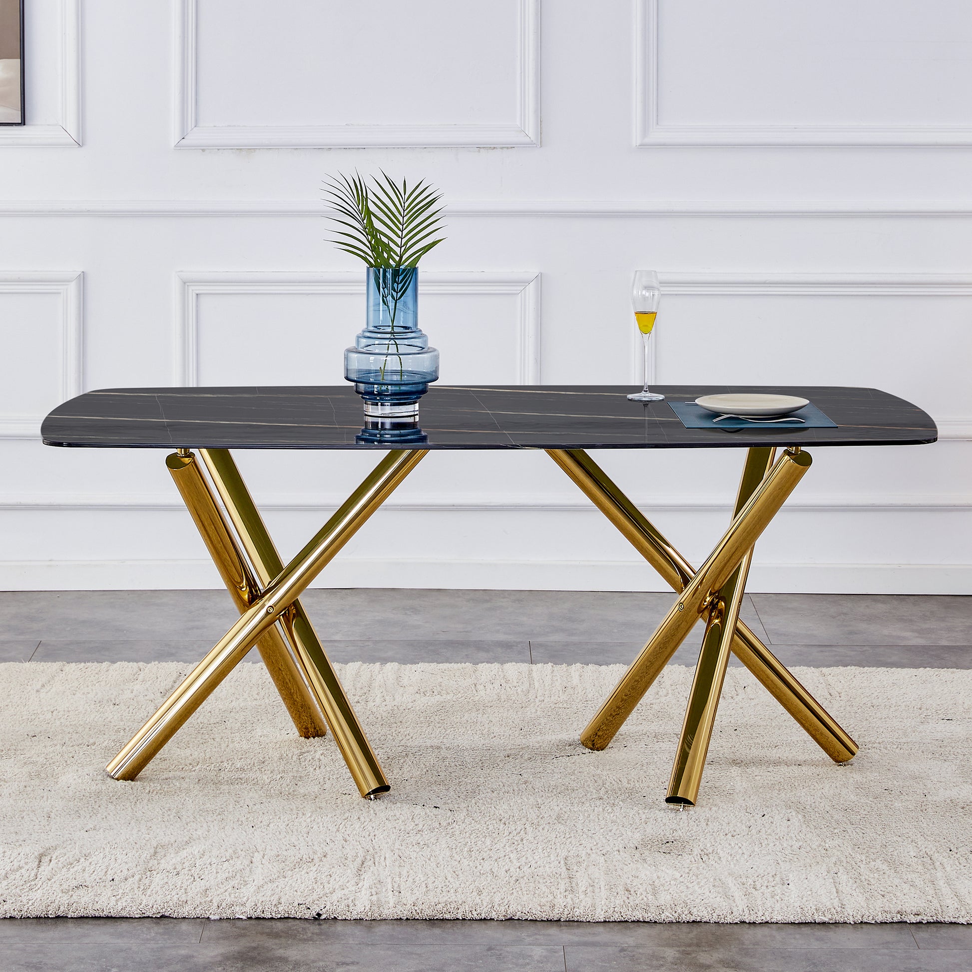 Large Modern Minimalist Rectangular Dining Table With 0.39 "Imitation Marble Black Desktop And Gold Metal Legs, For Kitchen Dining Living Meeting Room Banquet Hal 1538 Black Glass