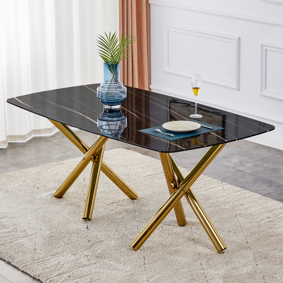 Large Modern Minimalist Rectangular Dining Table With 0.39 "Imitation Marble Black Desktop And Gold Metal Legs, For Kitchen Dining Living Meeting Room Banquet Hal 1538 Black Glass