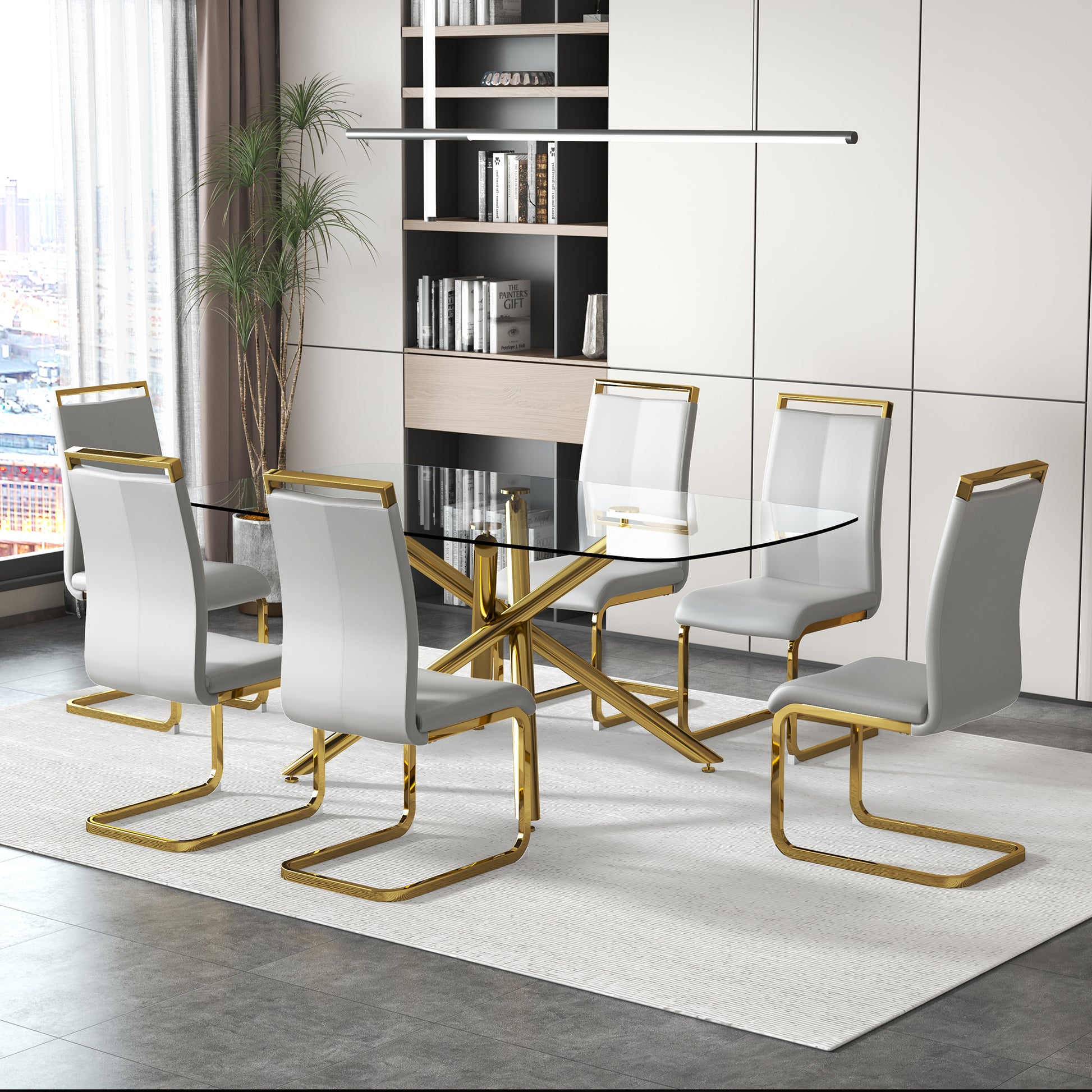 Large Modern Minimalist Rectangular Glass Dining Table With 0.39" Tempered Glass Top And Gilded Metal Legs For Kitchen, Dining Room, Living Room, Meeting Room, Ballroom 71" X 35.4" X 30". Golden Metal