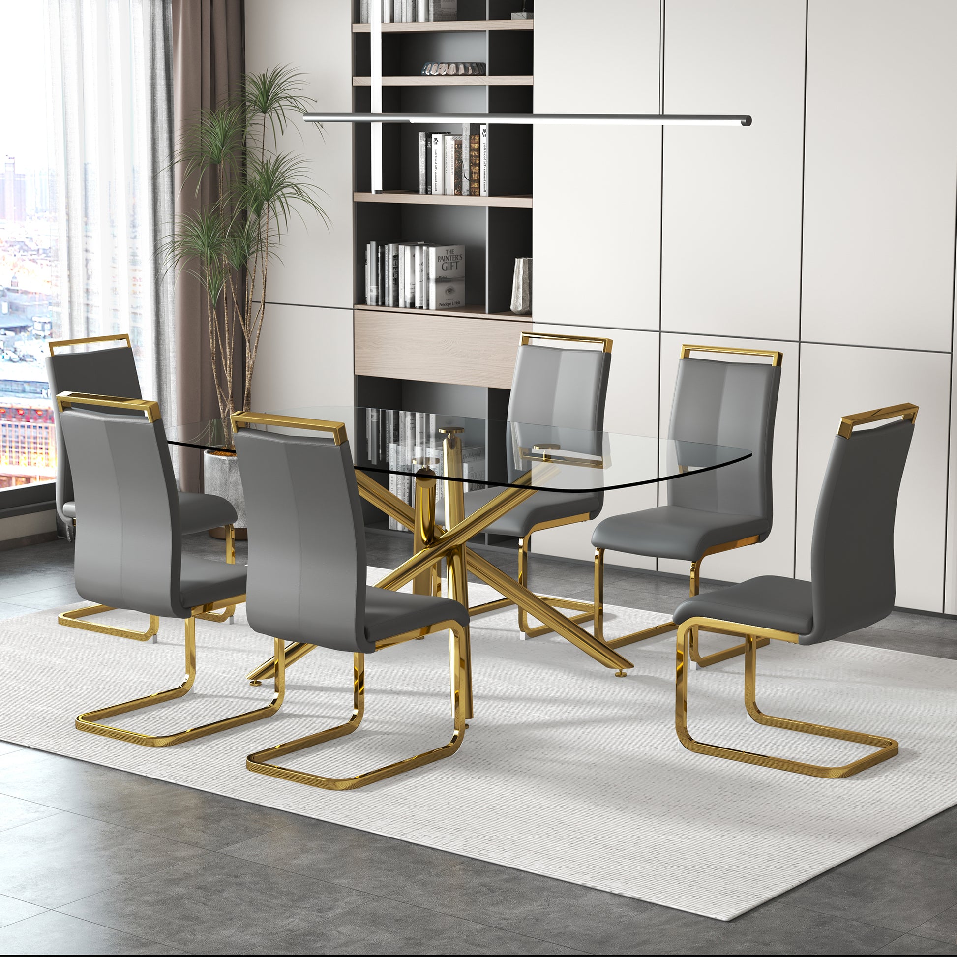 Large Modern Minimalist Rectangular Glass Dining Table golden-metal