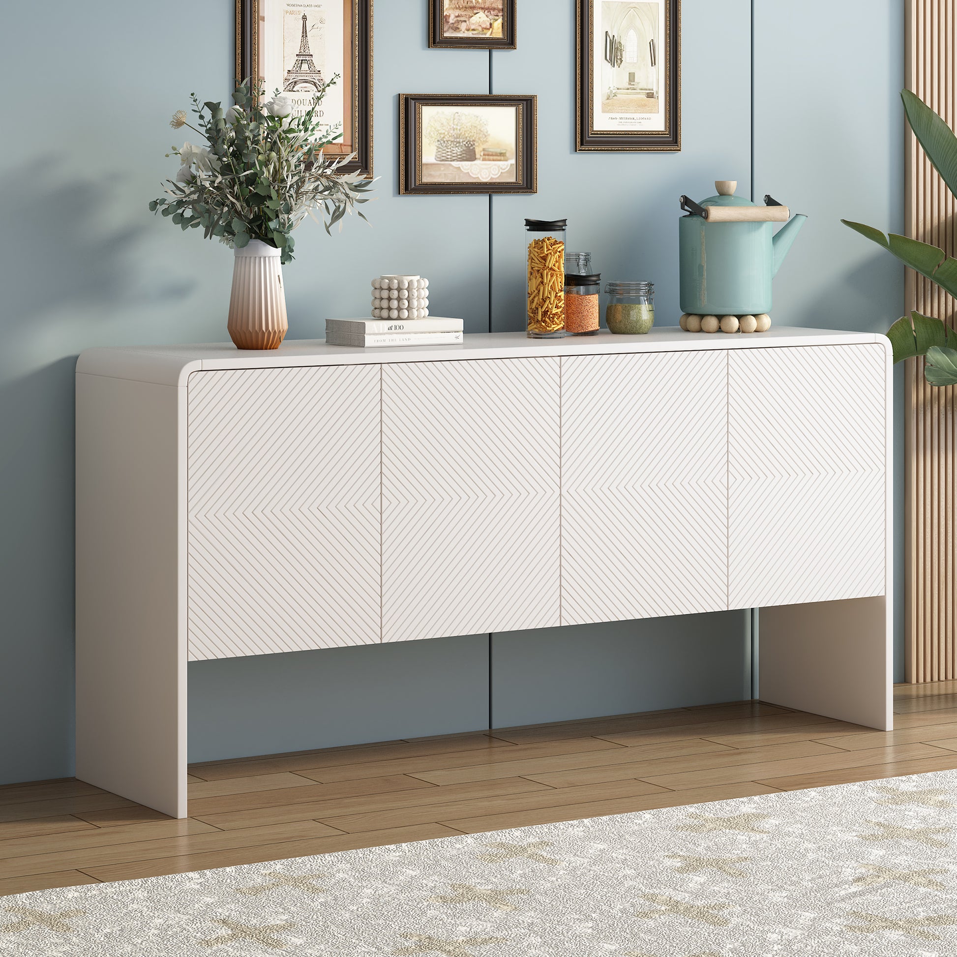 Minimalist Style 60"L Large Storage Space Sideboard With 4 Doors And Rebound Device For Living Room And Entryway White White Mdf