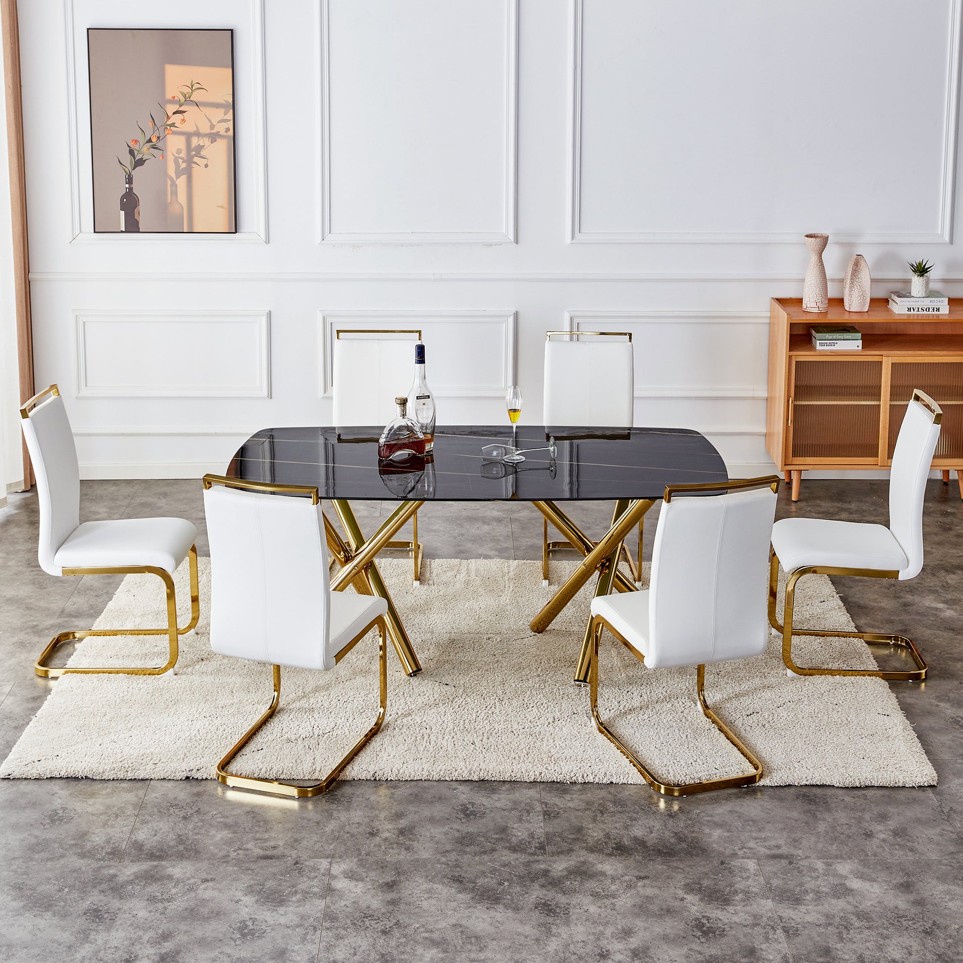 Large Modern Minimalist Rectangular Dining Table With 0.39 "Imitation Marble Black Desktop And Gold Metal Legs, For Kitchen Dining Living Meeting Room Banquet Hal 1538 Black Glass