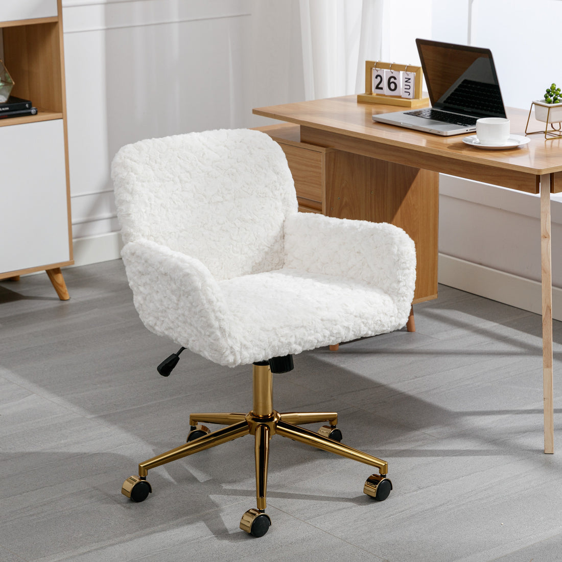 Office Chair,Artificial Rabbit Hair Home Office Chair With Golden Metal Base,Adjustable Desk Chair Swivel Office Chair,Vanity Chair Beige Beige Bedroom Foam Velvet