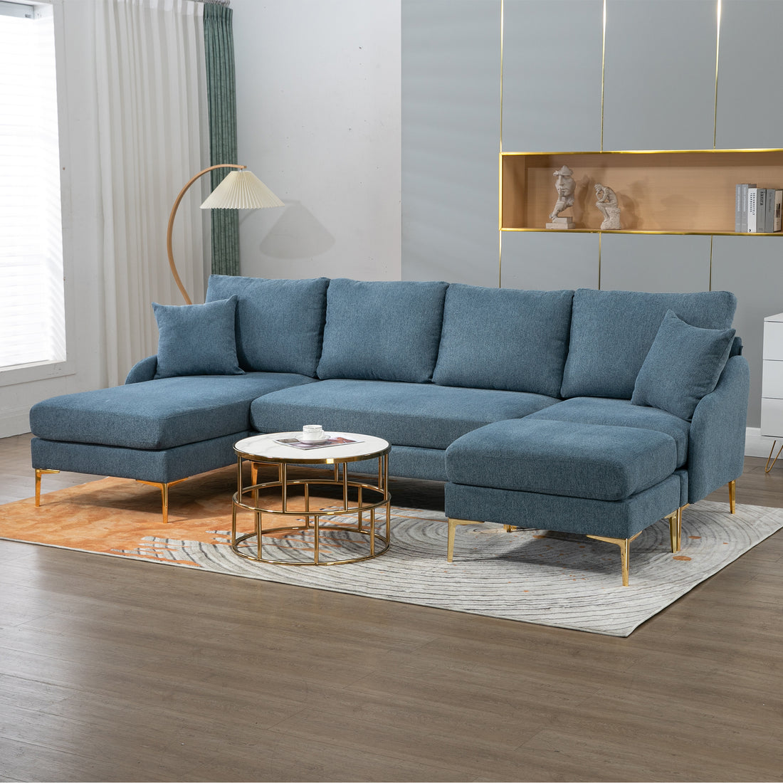 110'' Wide Reversible Left Or Right Chaise Of Sectional Sofa U Shape Convertible Sofa Couch 4 Seat Couch With Chaise Lounge Upholstered For Living Room, Apartment, Office, Blue Polyester Blend Blue Foam Polyester