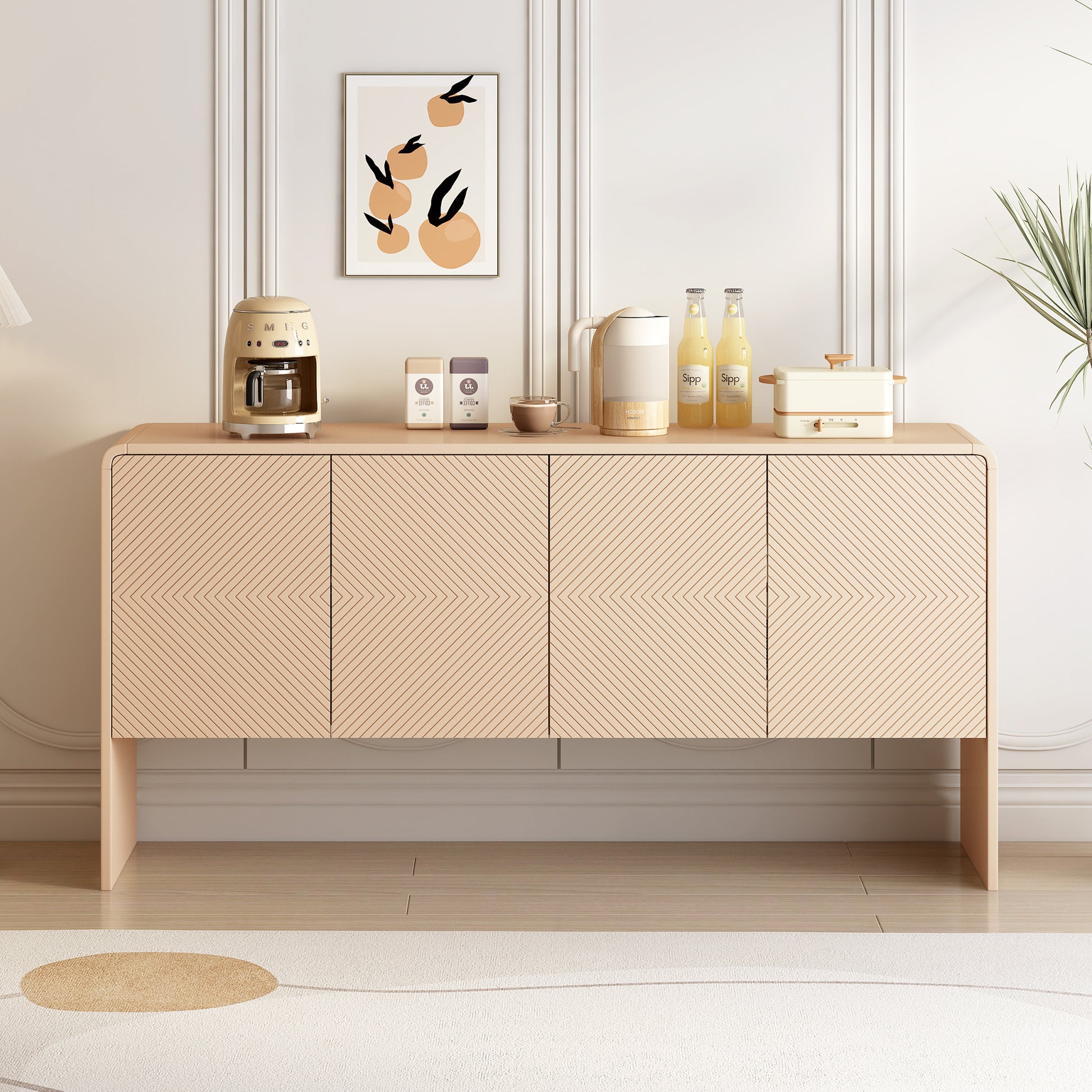 Minimalist Style 60"L Large Storage Space Sideboard With 4 Doors And Rebound Device For Living Room And Entryway Apricot Cream Apricot Cream Mdf