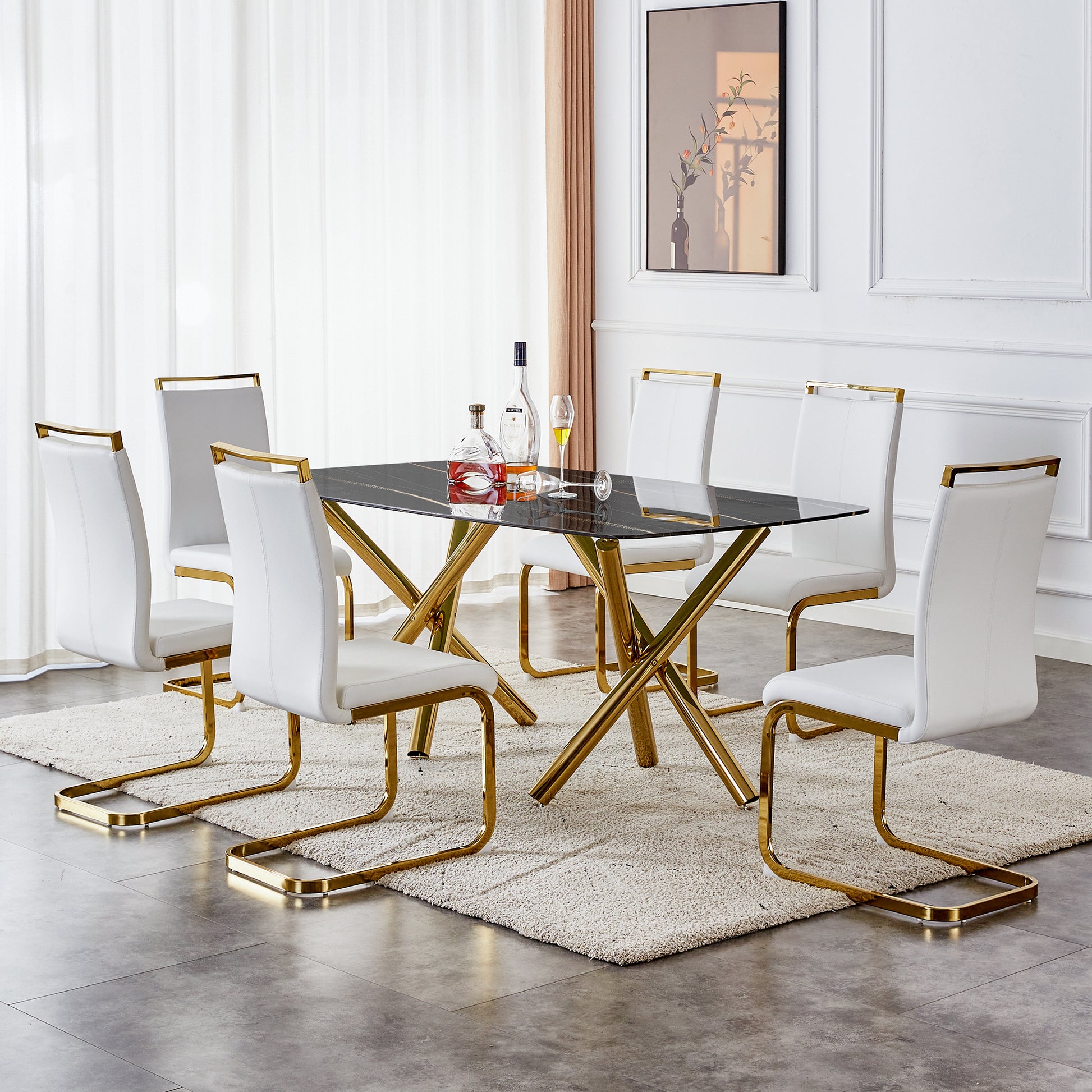 Large Modern Minimalist Rectangular Dining Table With 0.39 "Imitation Marble Black Desktop And Gold Metal Legs, For Kitchen Dining Living Meeting Room Banquet Hal 1538 Black Glass