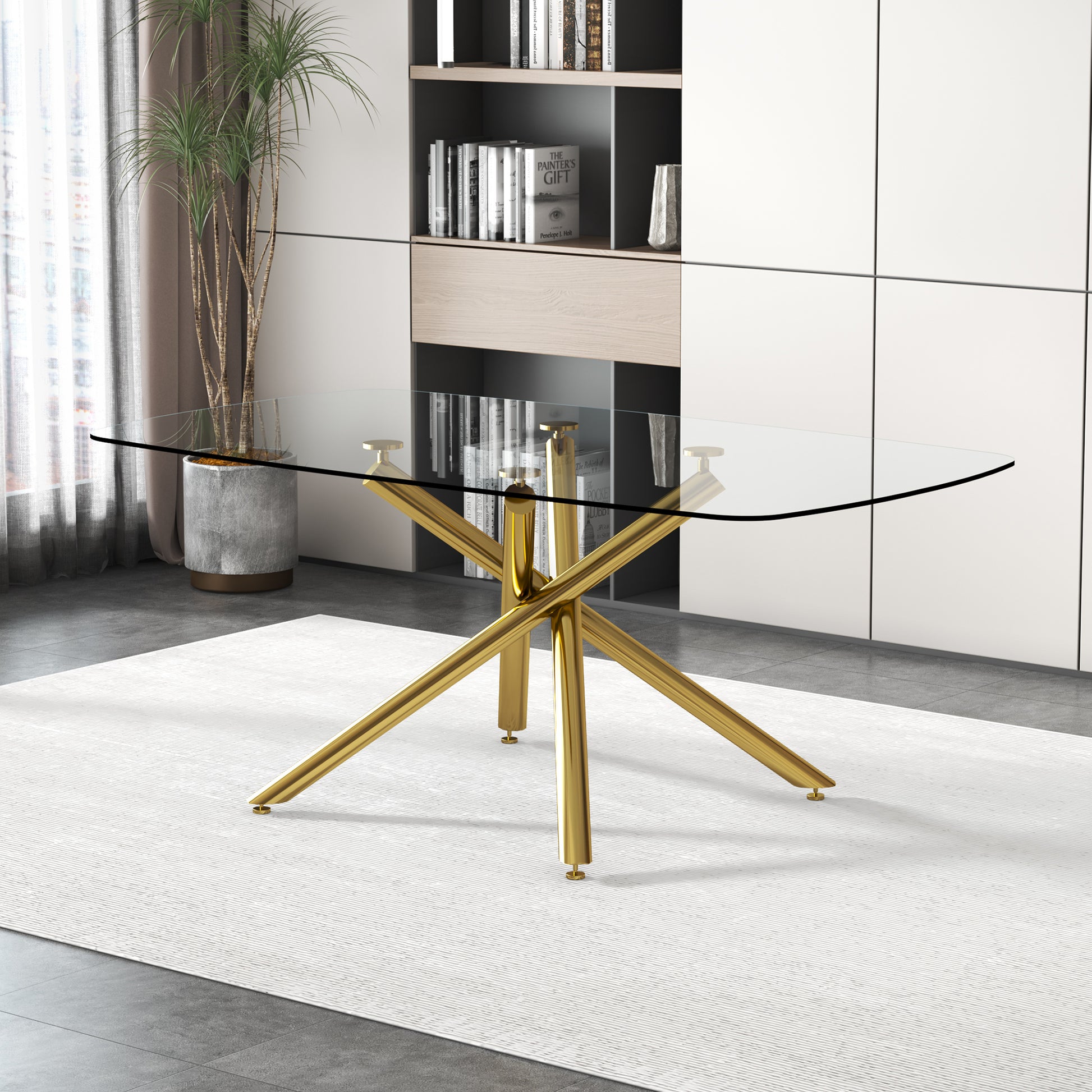 Large Modern Minimalist Rectangular Glass Dining Table With 0.39" Tempered Glass Top And Gilded Metal Legs For Kitchen, Dining Room, Living Room, Meeting Room, Ballroom 71" X 35.4" X 30". Golden Metal