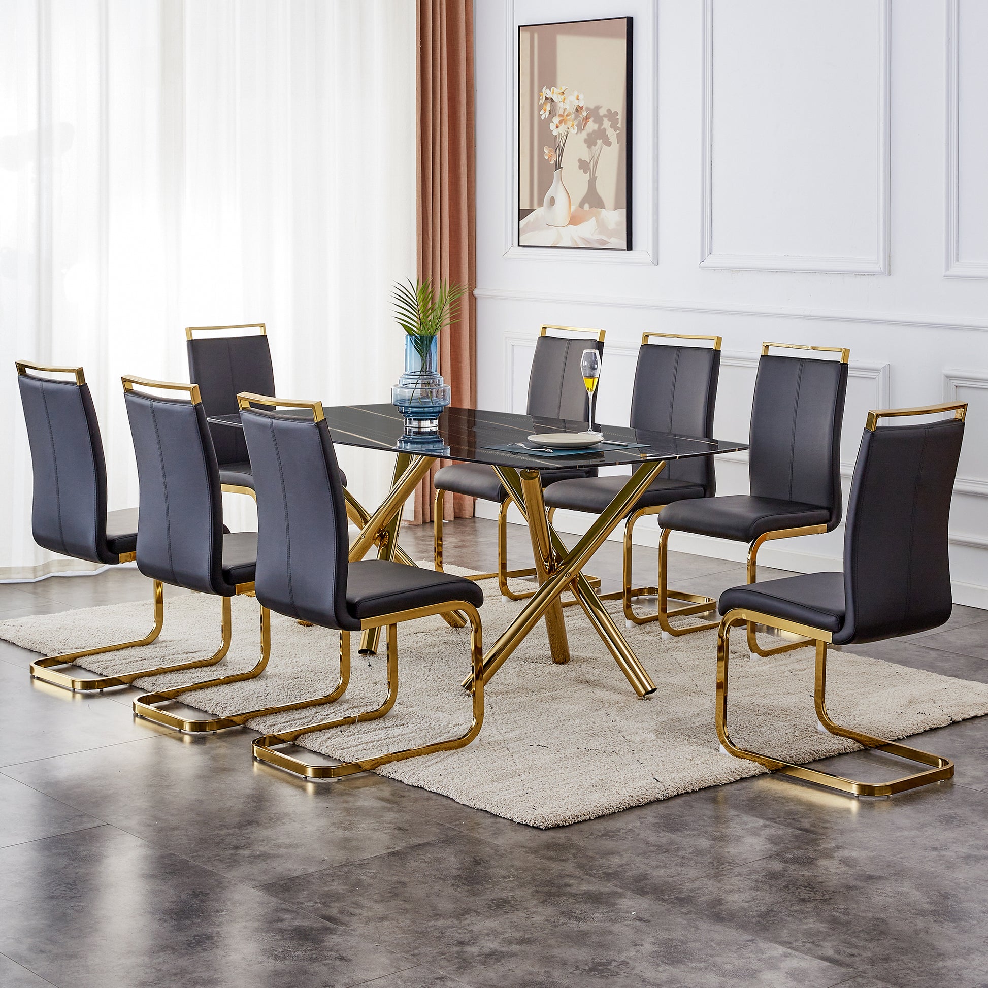 Large Modern Minimalist Rectangular Dining Table With 0.39 "Imitation Marble Black Desktop And Gold Metal Legs, For Kitchen Dining Living Meeting Room Banquet Hal 1538 Black Glass