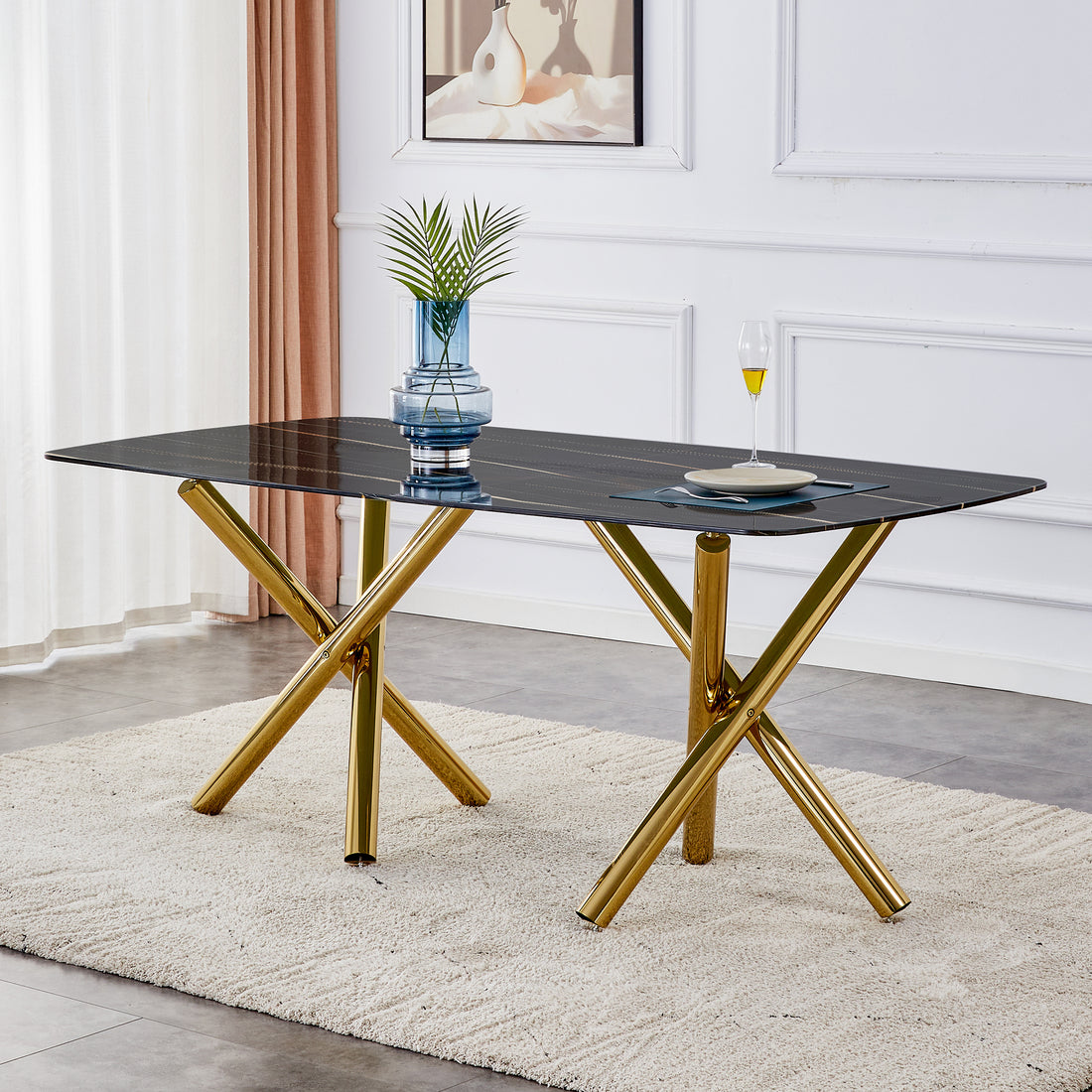 Large Modern Minimalist Rectangular Dining Table With 0.39 "Imitation Marble Black Desktop And Gold Metal Legs, For Kitchen Dining Living Meeting Room Banquet Hal 1538 Black Glass