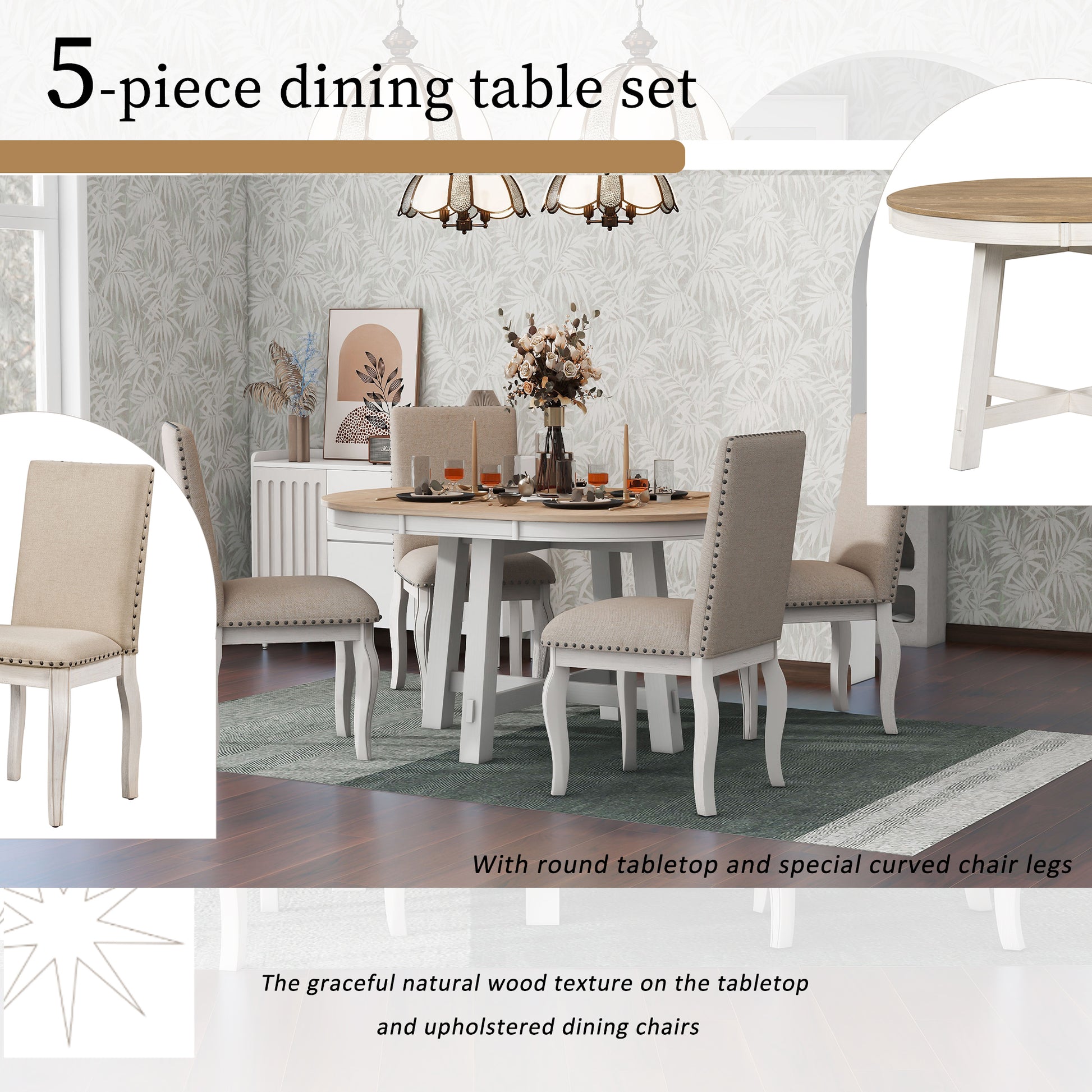 5 Piece Farmhouse Dining Table Set Wood Round Extendable Dining Table And 4 Upholstered Dining Chairs Oak Natural Wood Antique White Oak Natural Wood Antique White Solid Wood