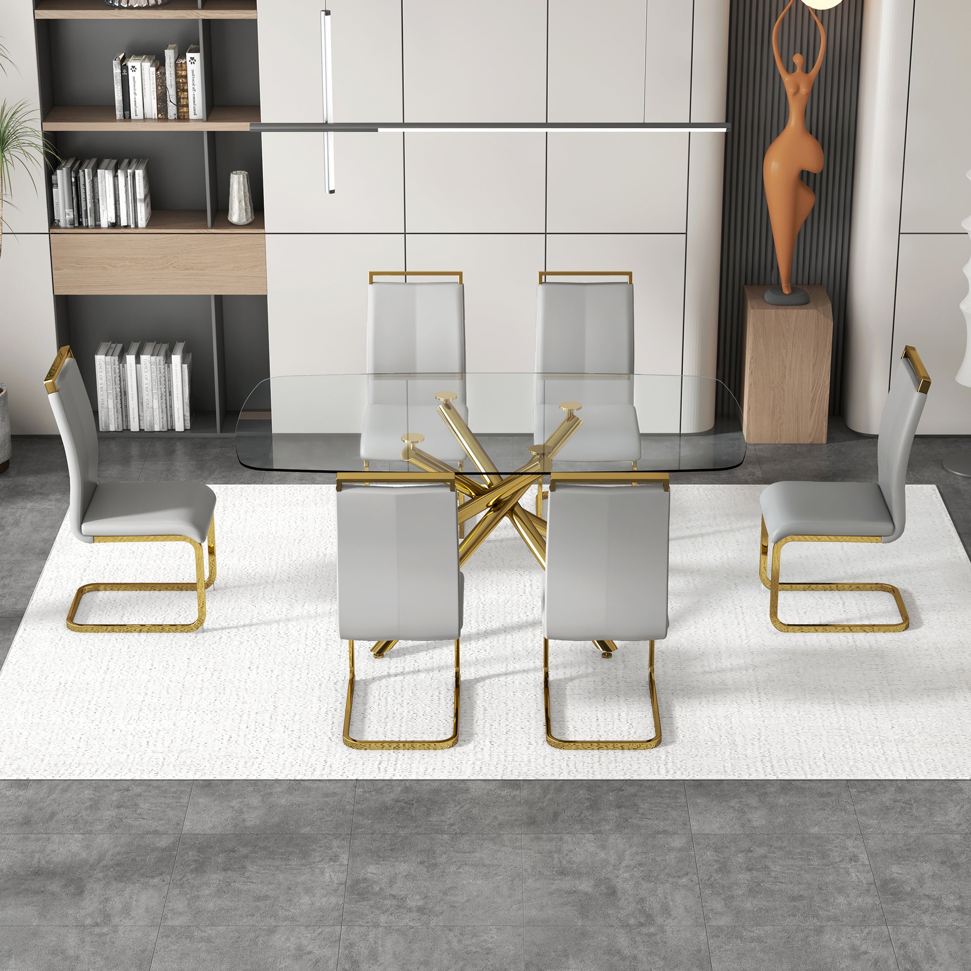Large Modern Minimalist Rectangular Glass Dining Table For 6 8 With 0.39" Tempered Glass Tabletop And Golden Plated Metal Legs,For Kitchen Dining Living Meeting Room Banquet Hall 71'' X 39'' X30''1537 Golden Metal