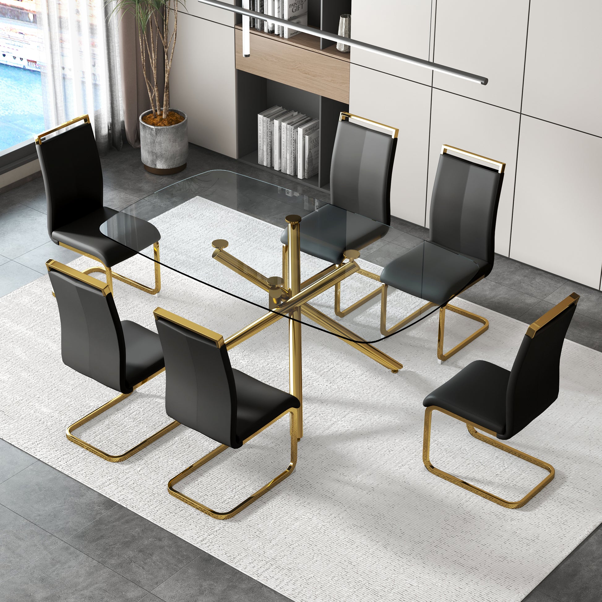 Large Modern Minimalist Rectangular Glass Dining Table With 0.39" Tempered Glass Top And Gilded Metal Legs For Kitchen, Dining Room, Living Room, Meeting Room, Ballroom 71" X 35.4" X 30". Golden Metal