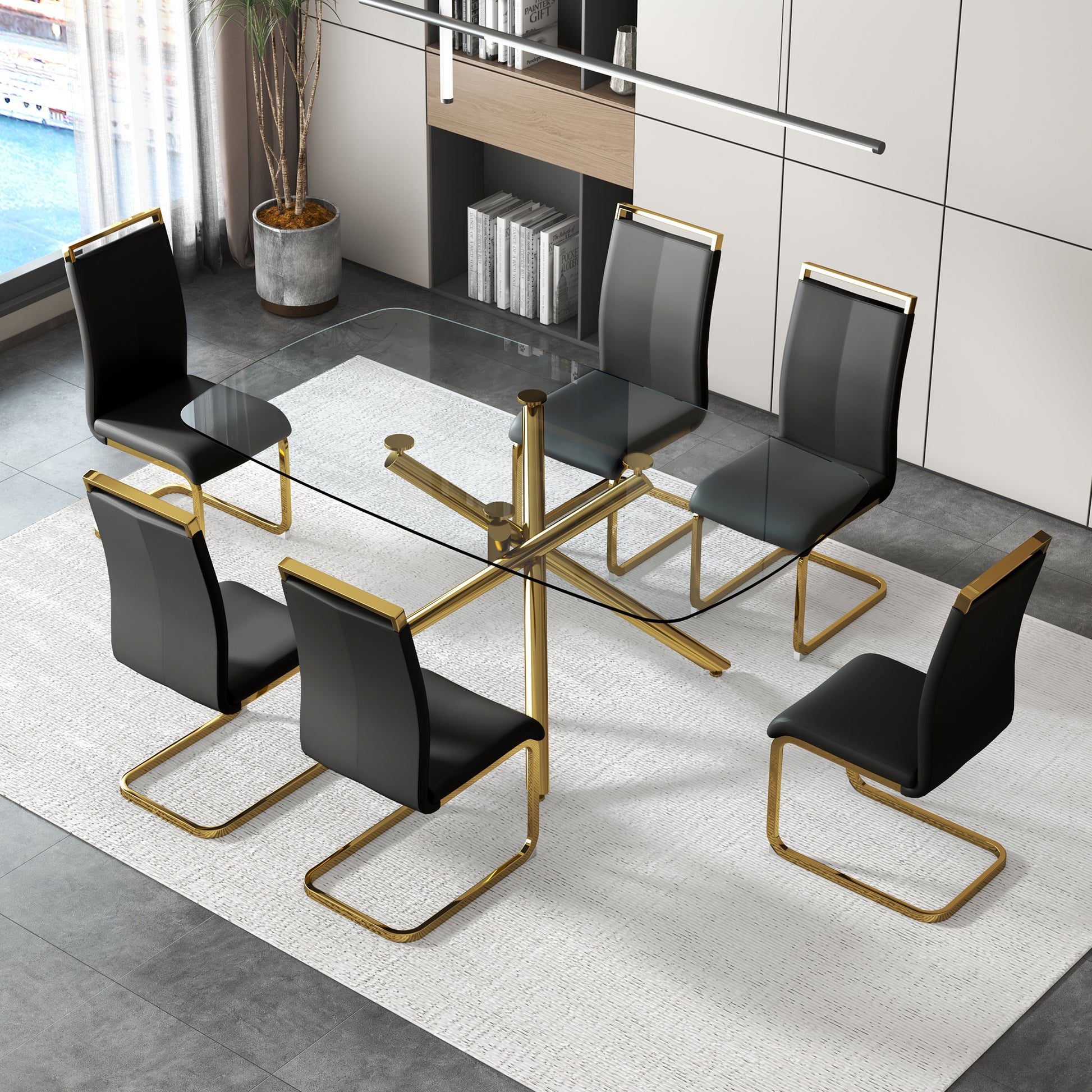 Large Modern Minimalist Rectangular Glass Dining Table For 6 8 With 0.39" Tempered Glass Tabletop And Golden Plated Metal Legs,For Kitchen Dining Living Meeting Room Banquet Hall 71'' X 39'' X30''1537 Golden Metal