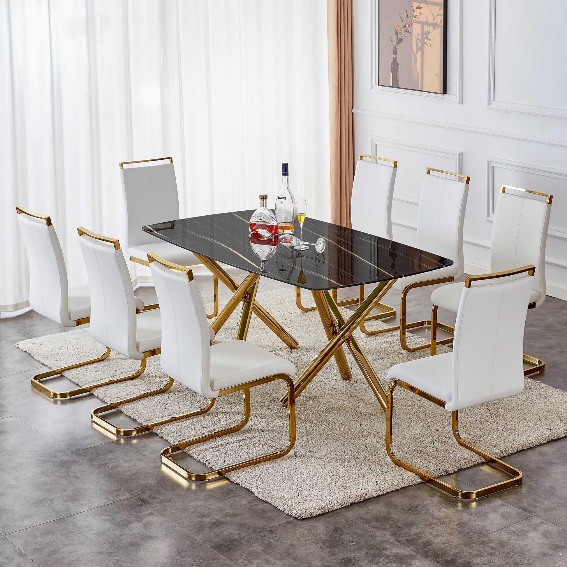 Large Modern Minimalist Rectangular Dining Table With 0.39 "Imitation Marble Black Desktop And Gold Metal Legs, For Kitchen Dining Living Meeting Room Banquet Hal 1538 Black Glass