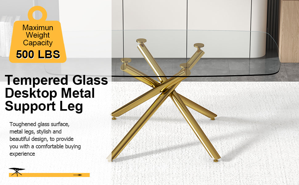 Large Modern Minimalist Rectangular Glass Dining Table golden-metal