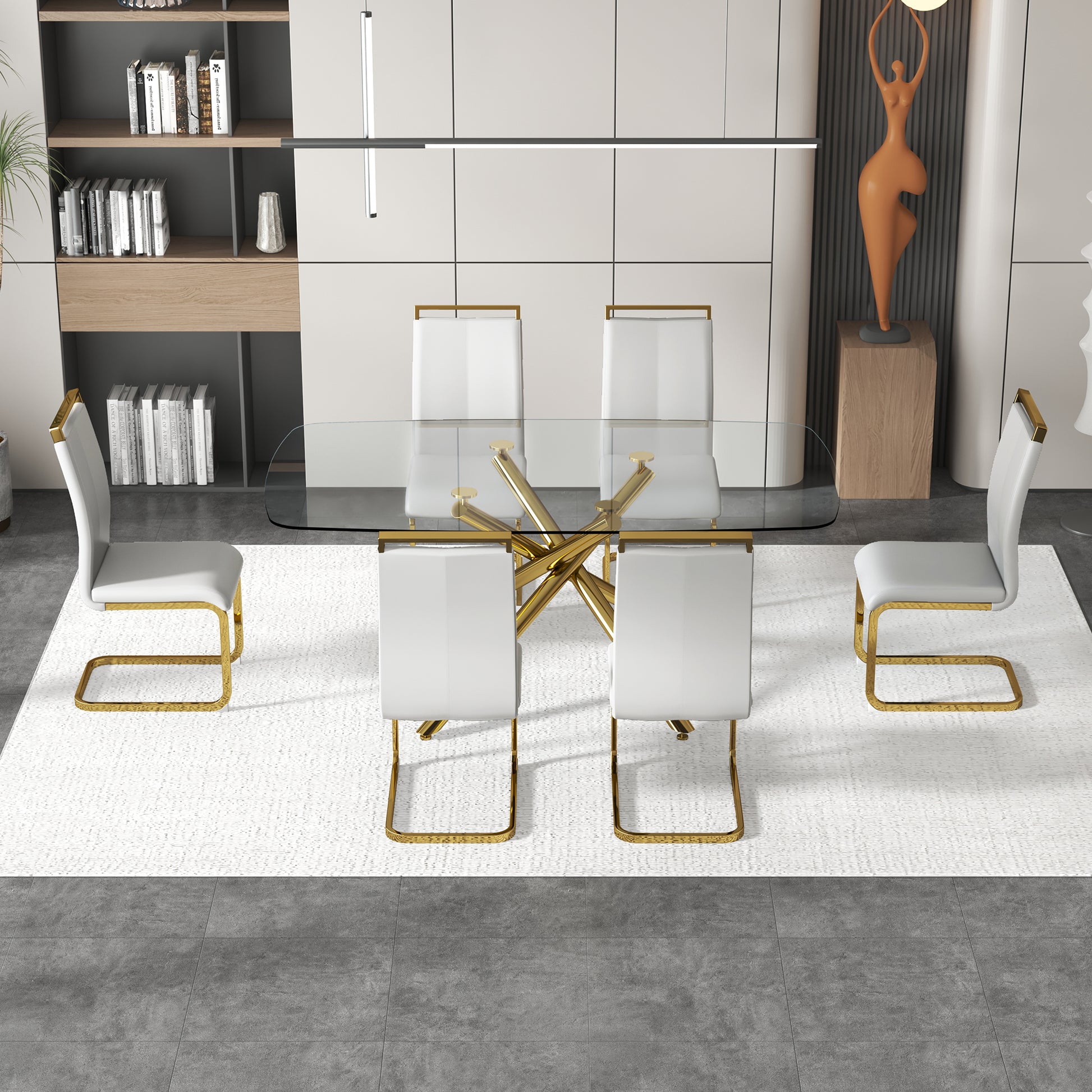 Large Modern Minimalist Rectangular Glass Dining Table For 6 8 With 0.39" Tempered Glass Tabletop And Golden Plated Metal Legs,For Kitchen Dining Living Meeting Room Banquet Hall 71'' X 39'' X30''1537 Golden Metal