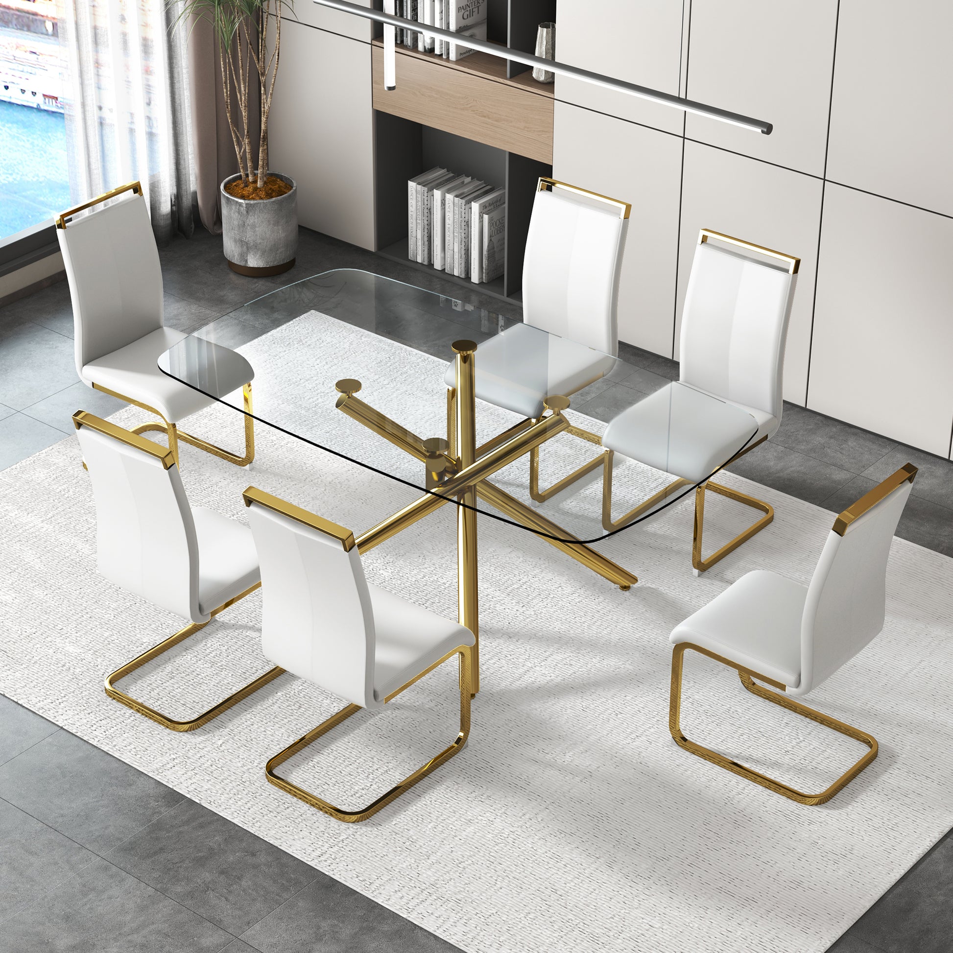 Large Modern Minimalist Rectangular Glass Dining Table With 0.39" Tempered Glass Top And Gilded Metal Legs For Kitchen, Dining Room, Living Room, Meeting Room, Ballroom 71" X 35.4" X 30". Golden Metal