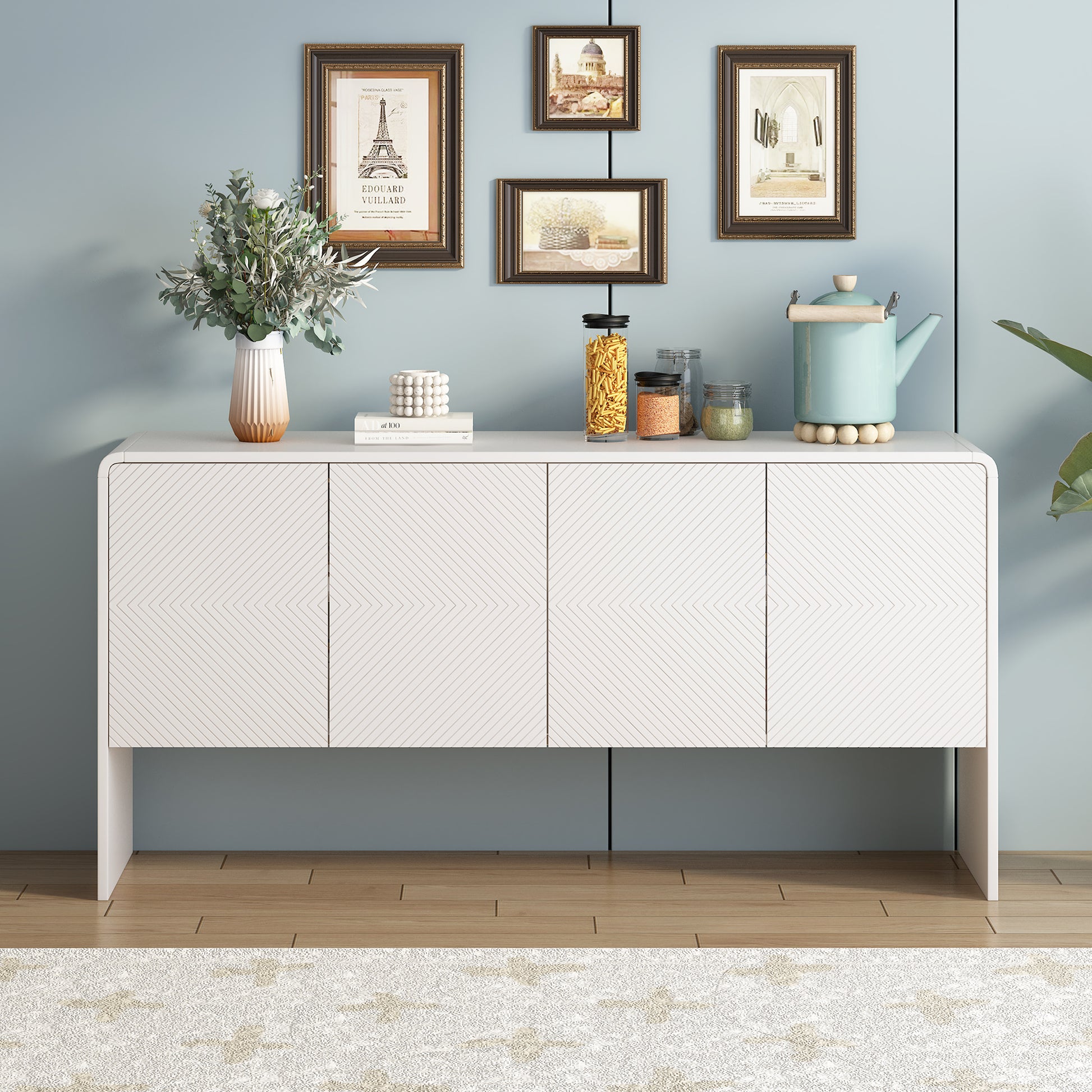 Minimalist Style 60"L Large Storage Space Sideboard With 4 Doors And Rebound Device For Living Room And Entryway White White Mdf