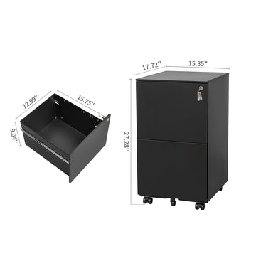 2 Drawer File Cabinet With Lock, Steel Mobile Filing Cabinet On Anti Tilt Wheels, Rolling Locking Office Cabinets Under Desk For Legal Letter Size Black Steel