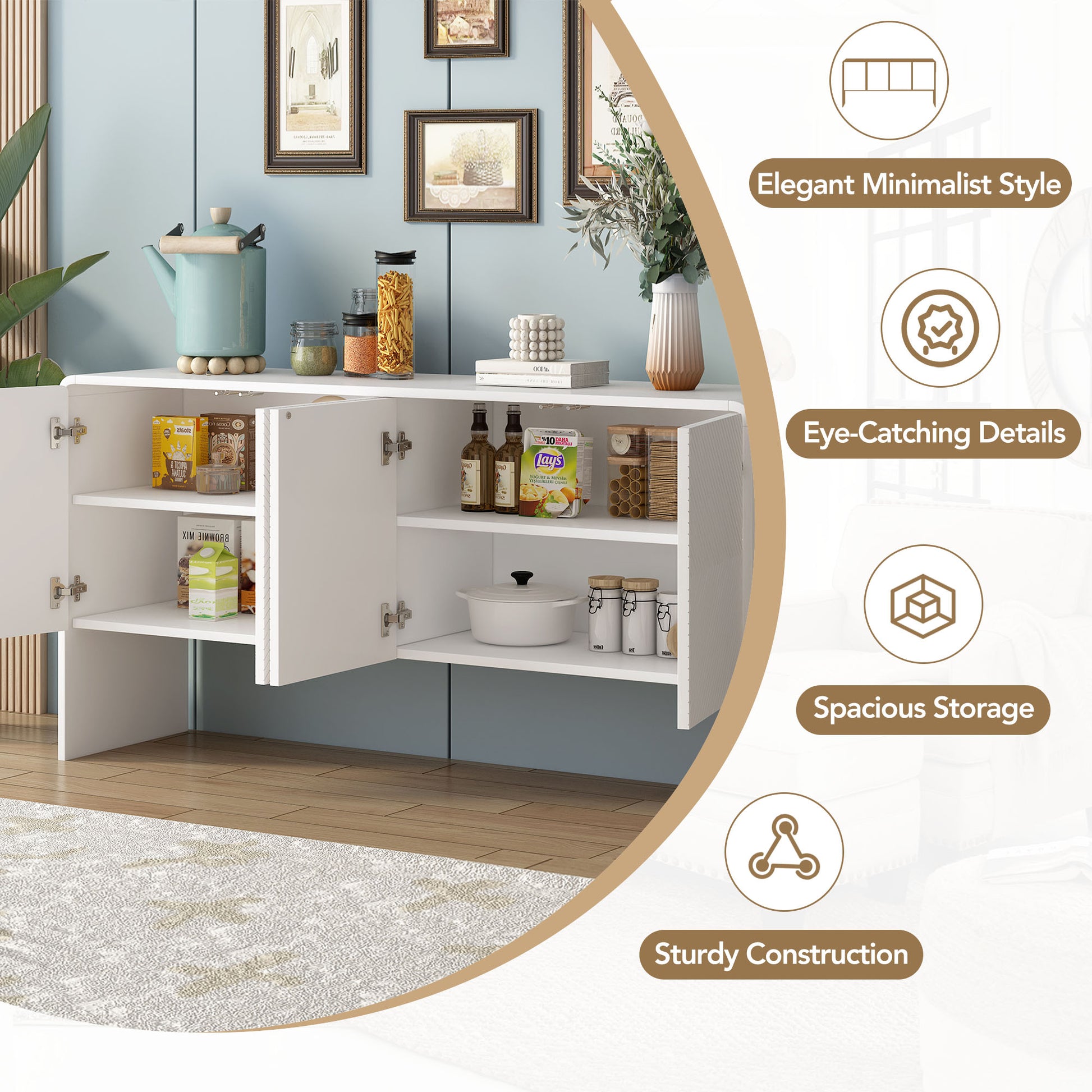 Minimalist Style 60"L Large Storage Space Sideboard With 4 Doors And Rebound Device For Living Room And Entryway White White Mdf