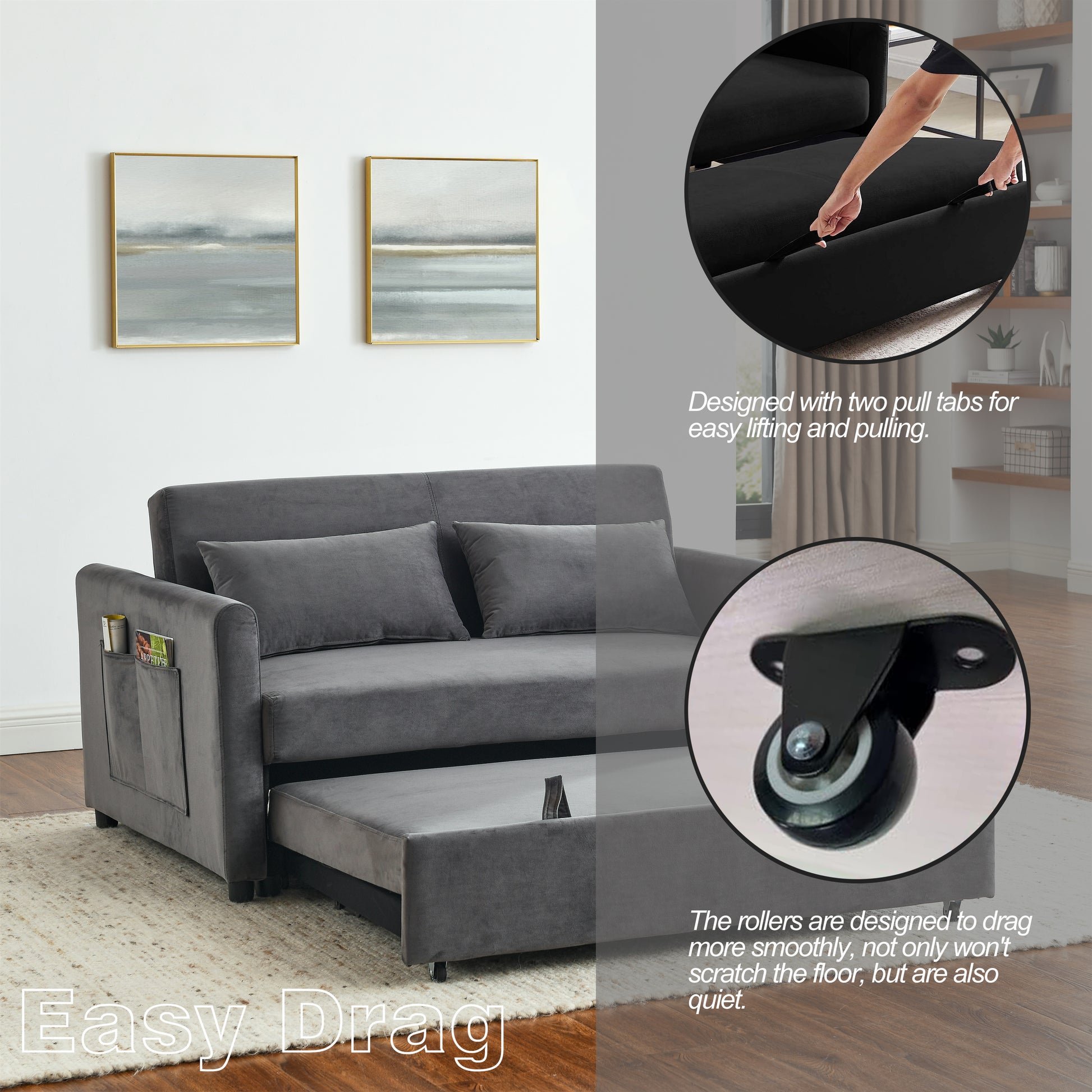 Convertible Sofa Bed, 3 In 1 Versatile Velvet Double Sofa With Pullout Bed, Seat With Adjustable Backrest, Lumbar Pillows, And Living Room Side Pockets, 54 Inch, Grey Light Brown Wood Primary Living Space Delicate Duty Eucalyptus 2 Seat Grey Velvet Soft