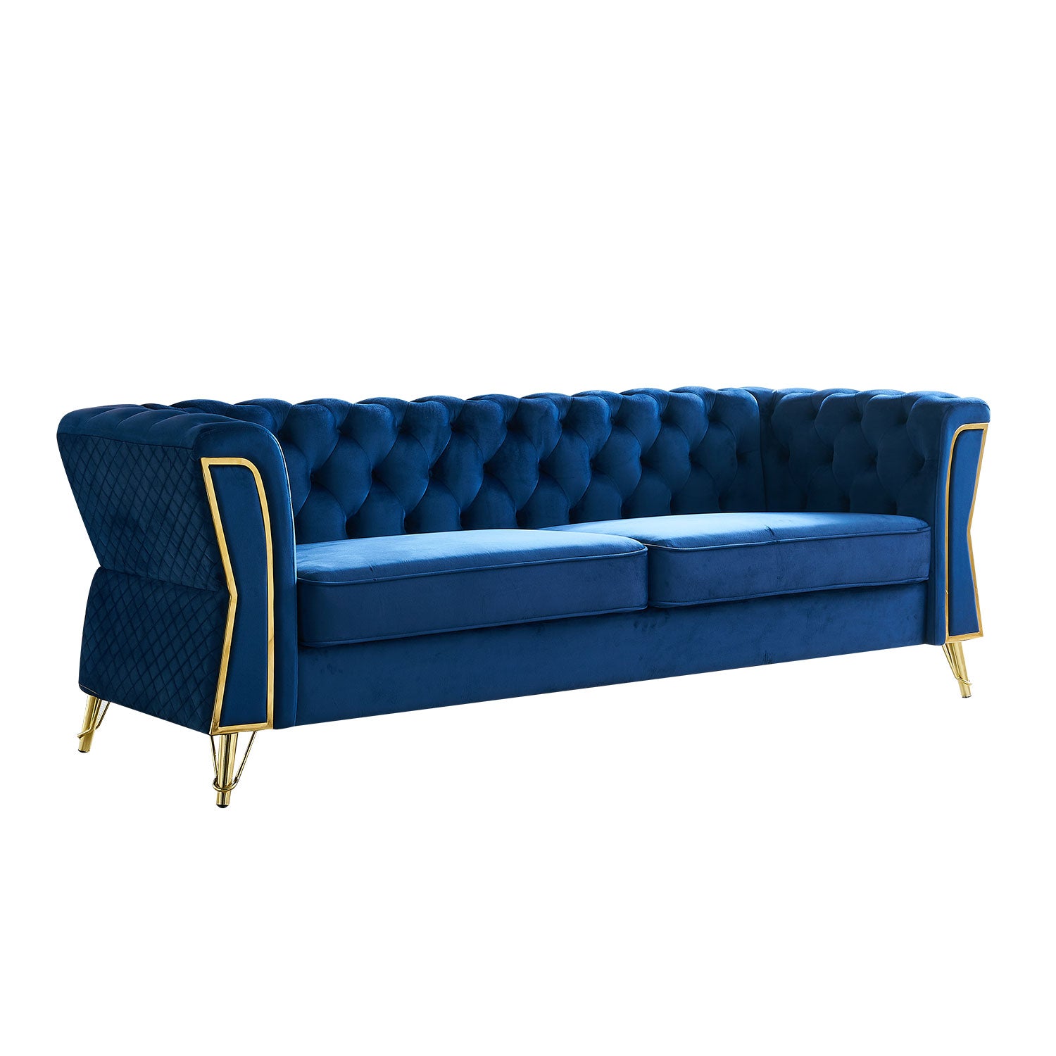 Modern Tufted Velvet Sofa 87.4 Inch For Living Room Blue Color Blue Velvet Wood Primary Living Space Tufted Back Modern Flared Arms Foam Velvet 2 Seat