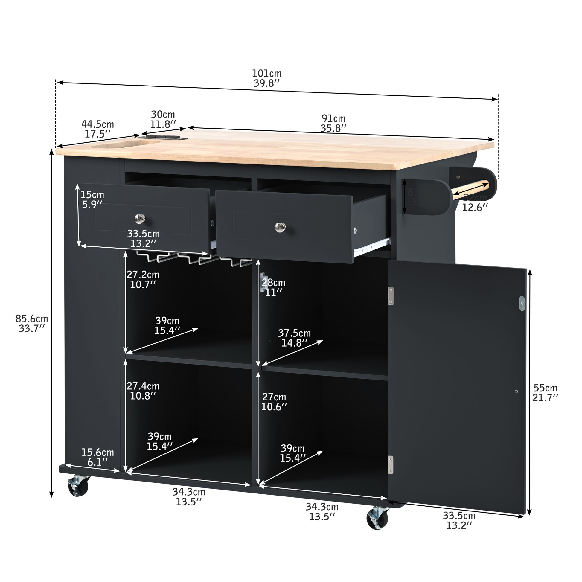 Kitchen Island with Power Outlet,Kitchen Storage black-mdf