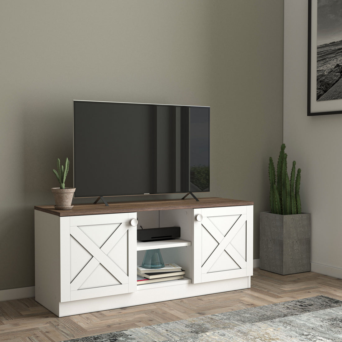 Costal Wood Base 2 Cupboards Vintage Tv Stand White 80 89 Inches Vintage Wood