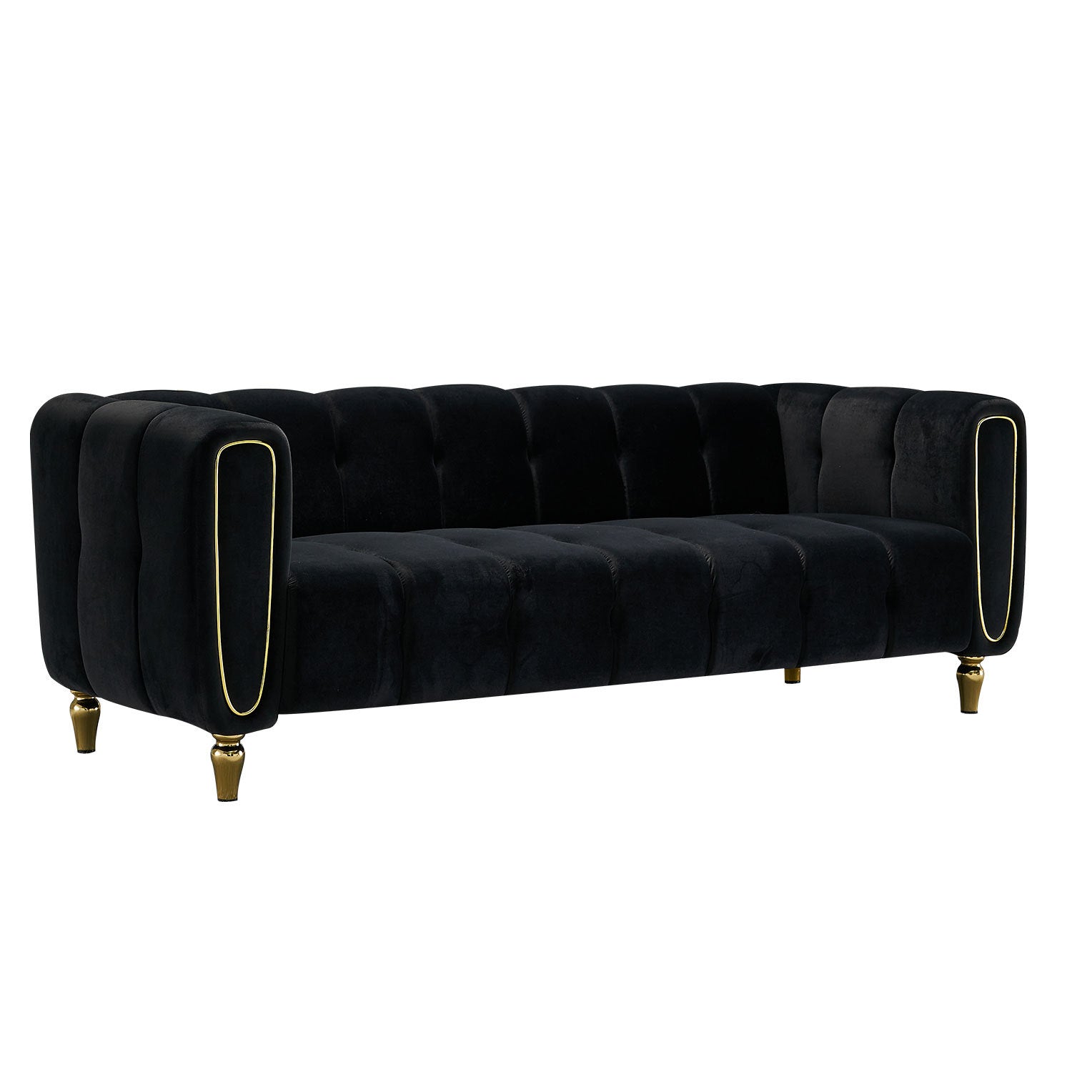 Modern Velvet Sofa 83.07 Inch For Living Room Black Color Black Velvet Wood Primary Living Space Tufted Back Modern Rolled Arms Foam Velvet 1 Seat