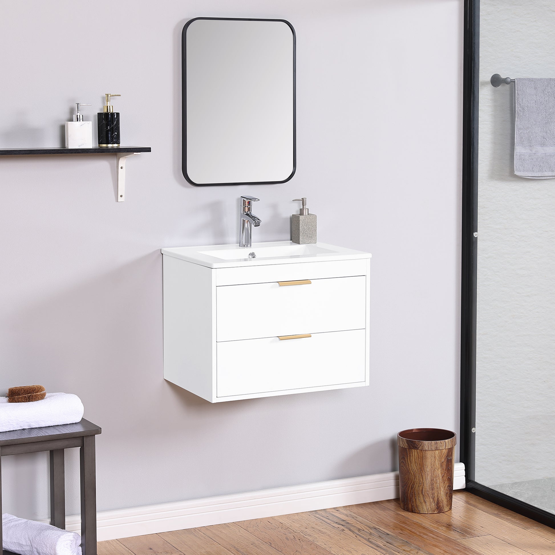 24" Floating Wall Mounted Bathroom Vanity With White Ceramic Sink And Drawer Storage White Wall Mounted Ceramic Mdf