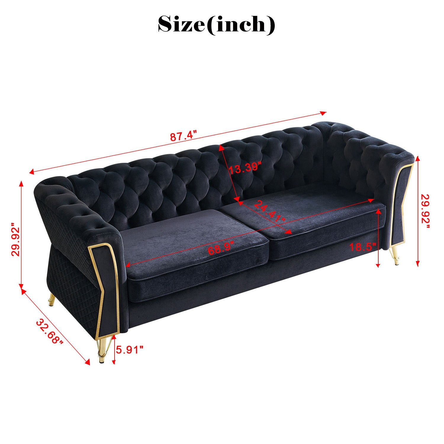 Modern Tufted Velvet Sofa 87.4 Inch For Living Room Black Color Black Velvet Wood Primary Living Space Tufted Back Modern Flared Arms Foam Velvet 2 Seat